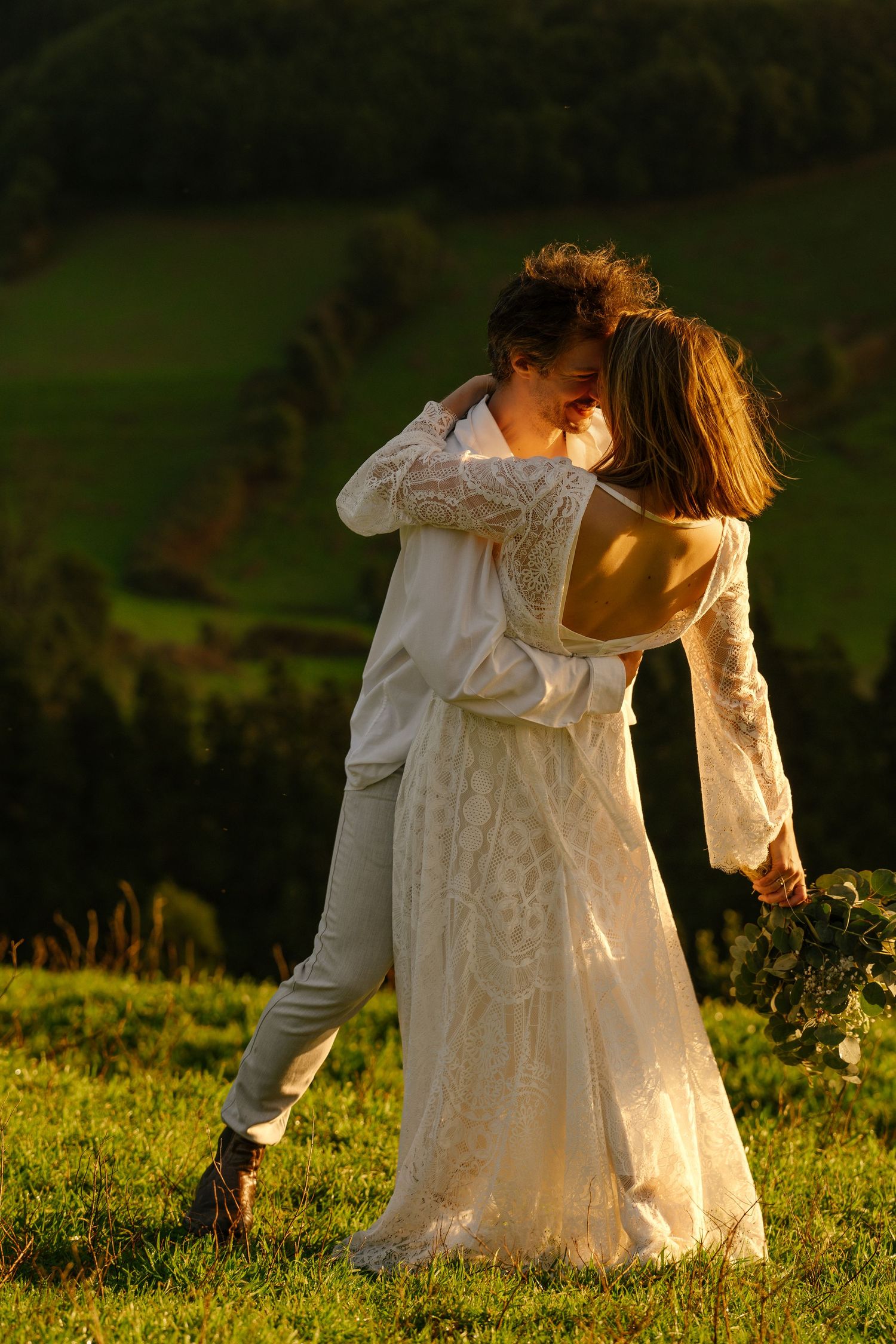 Bride and groom sharing a romantic moment during their Azores wedding photoshoot