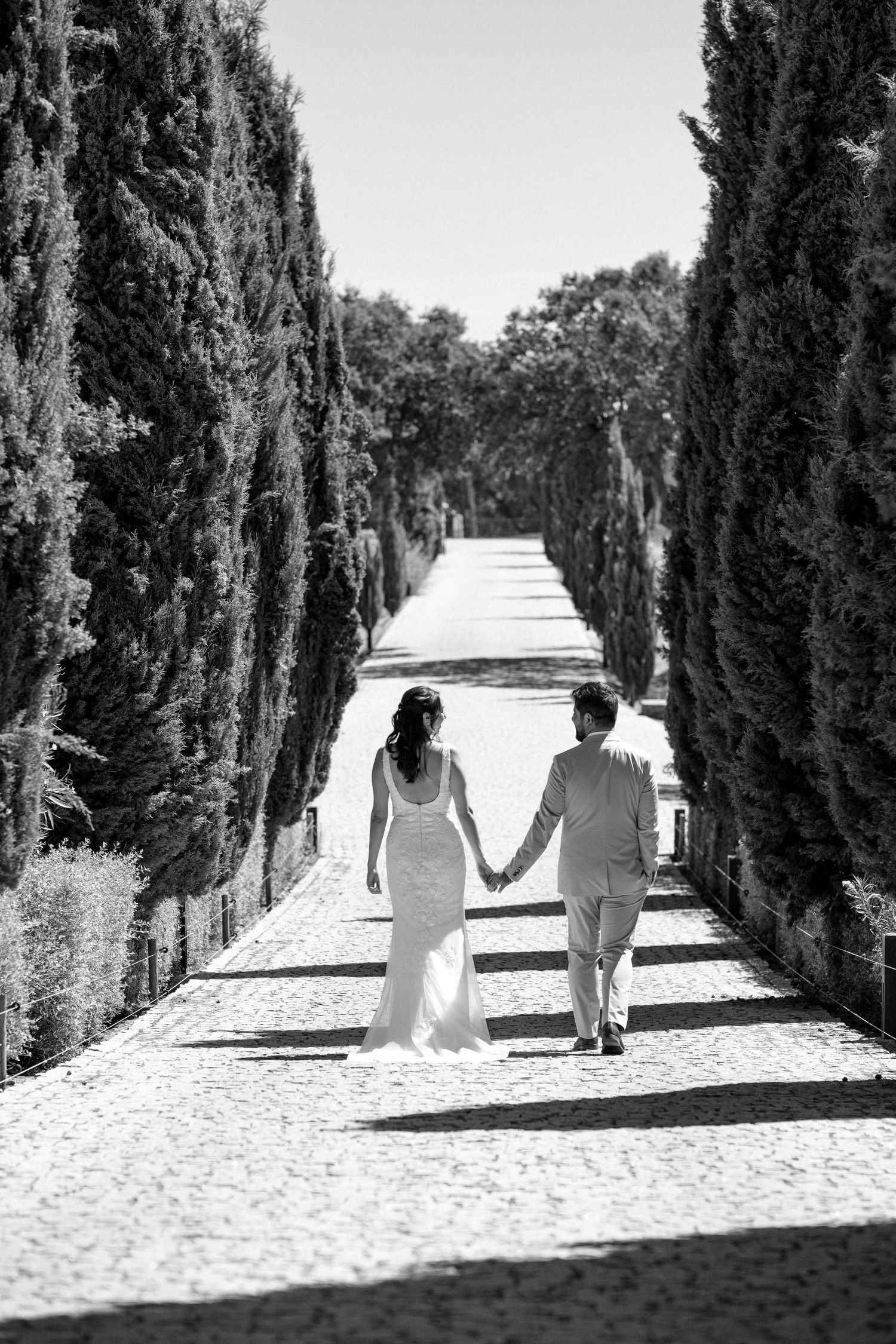 Bride and groom walk hand in hand down a cypress tree-lined cobblestone path in black and white photo.