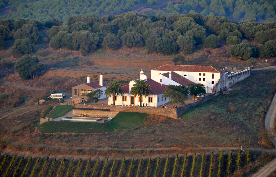 Aerial view of a charming Portuguese quinta wedding venue nestled among lush vineyards and oak trees.