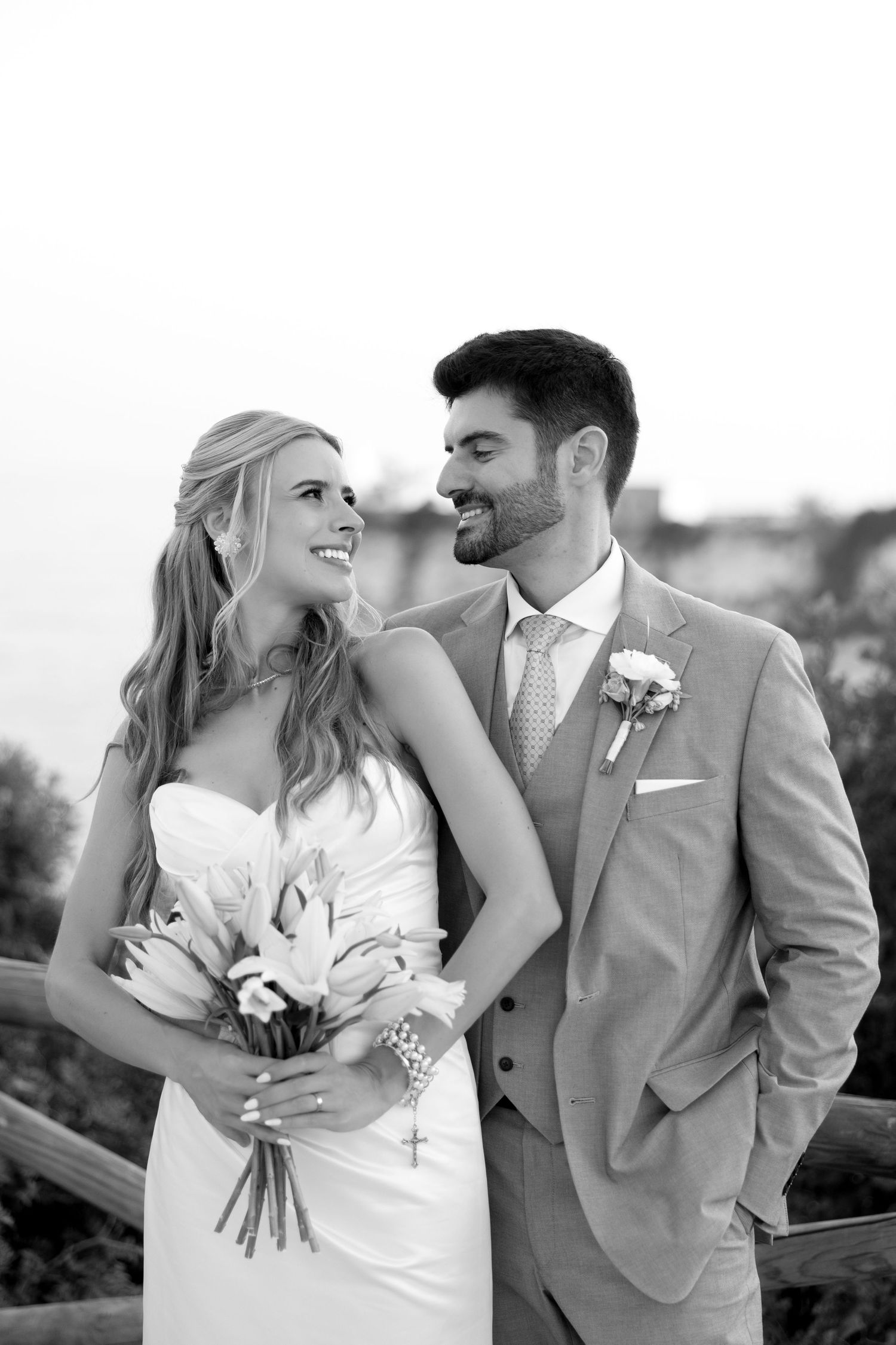 Wedding couple looking to each other with lovely eyes