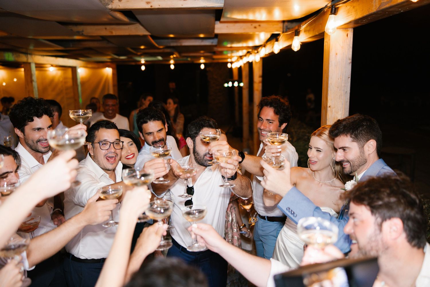 Guest and bridal couple giving a toast during their wedding