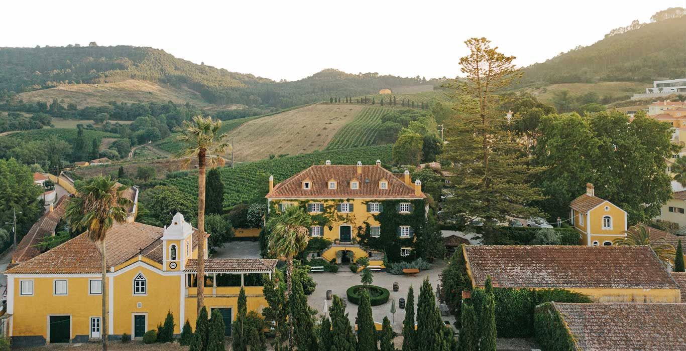 Aerial view of a charming yellow Portuguese quinta estate surrounded by vineyards and rolling green hills.