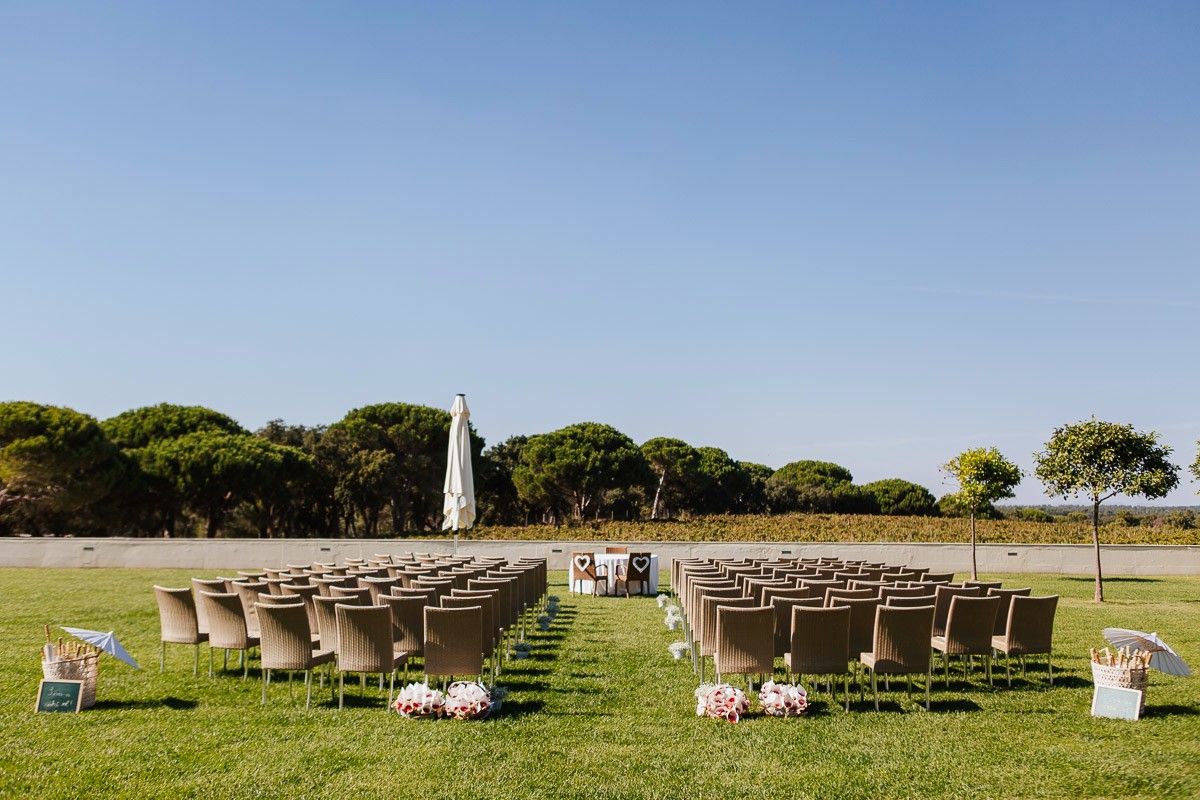 Outdoor wedding ceremony setup with rows of chairs on a green lawn facing an altar with vineyard views.