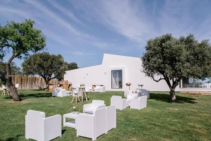 Modern white venue exterior with manicured lawn, white lounge furniture, and mature olive trees under blue sky.