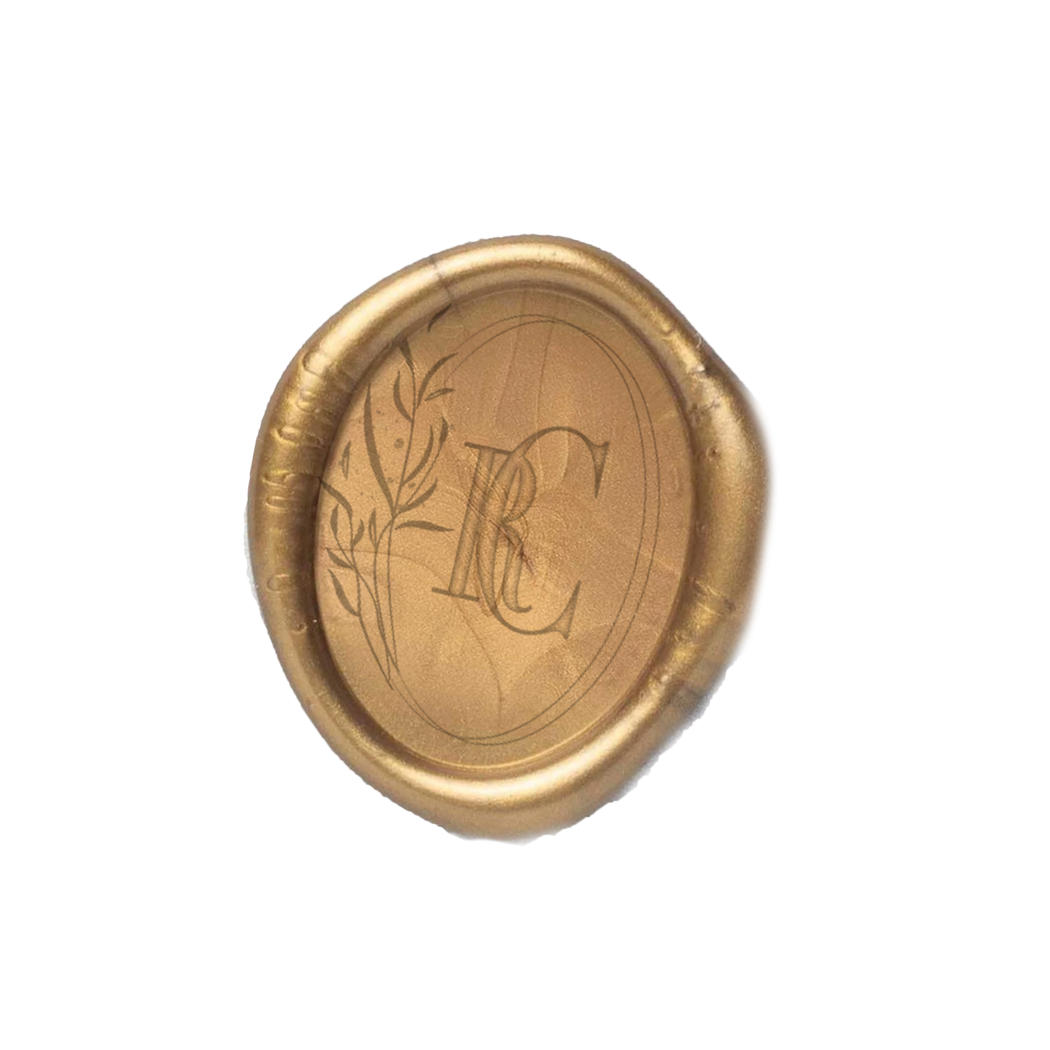 Antique-style gold wax seal with ornate monogram and botanical design.