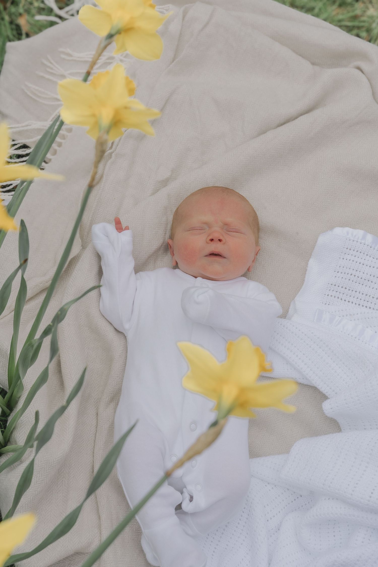Peaceful newborn baby in white outfit lying on a beige blanket surrounded by yellow daffodil flowers outdoors.