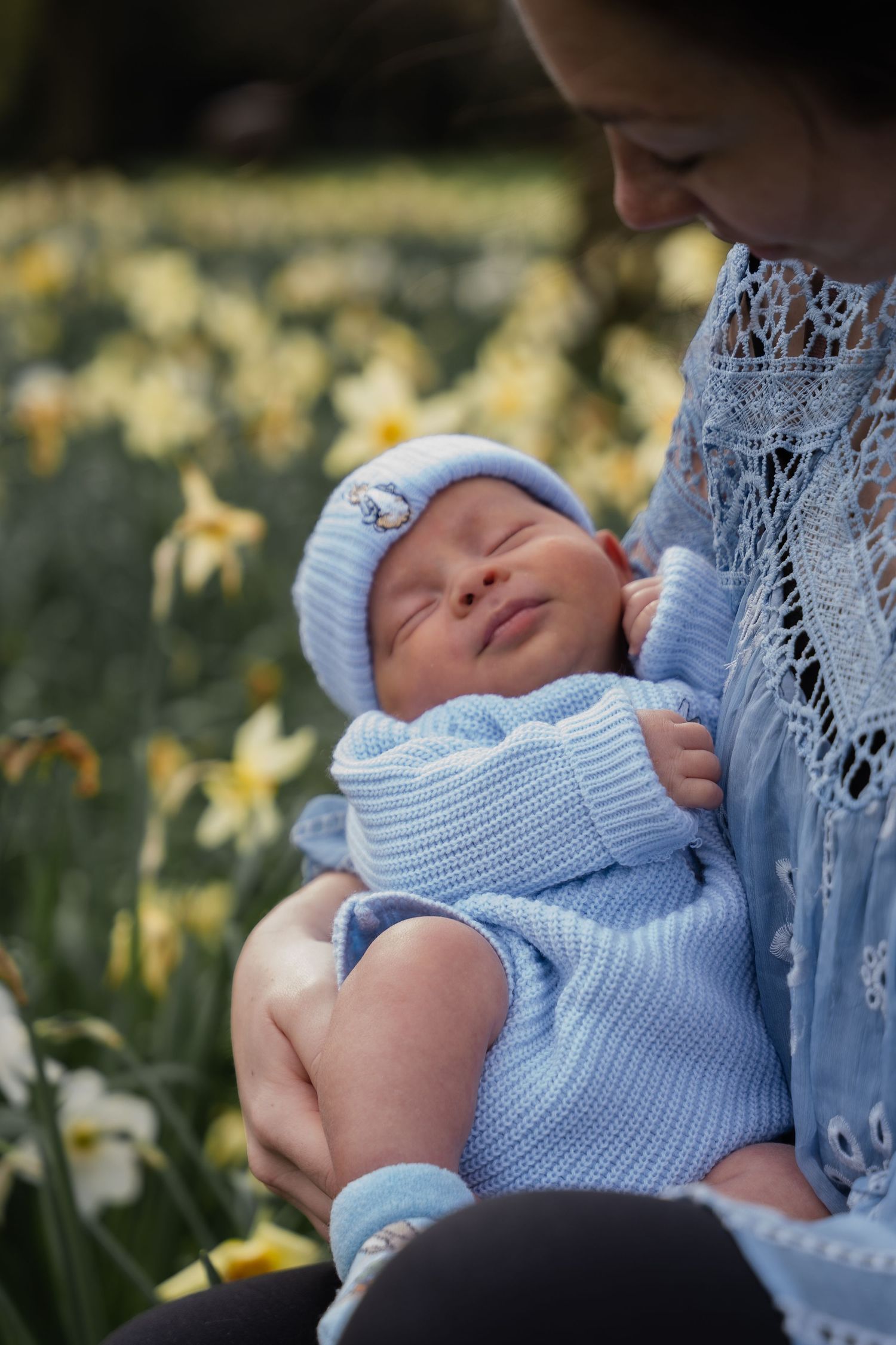 Mother holding sleeping newborn baby dressed in blue Peter Rabbit knit outfit among daffodils.