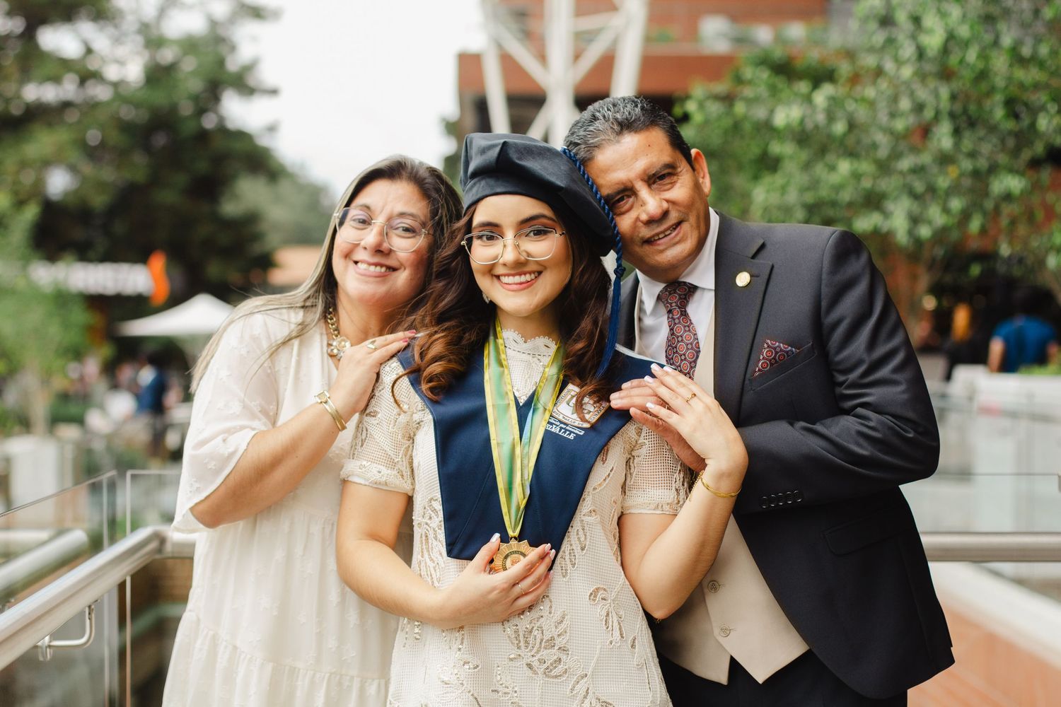 Five wedding party images showing joyful outdoor celebrations in formal attire during a sunny afternoon.