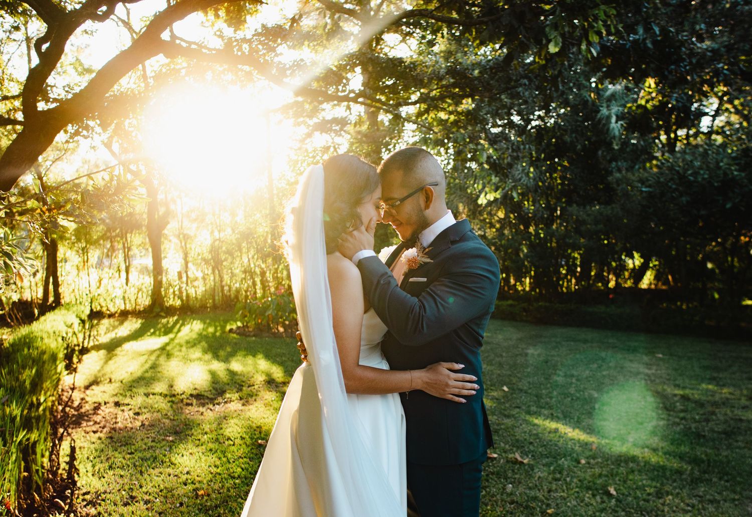 A couple embraces during a golden hour photoshoot in a sunlit garden with rays of light streaming through trees.