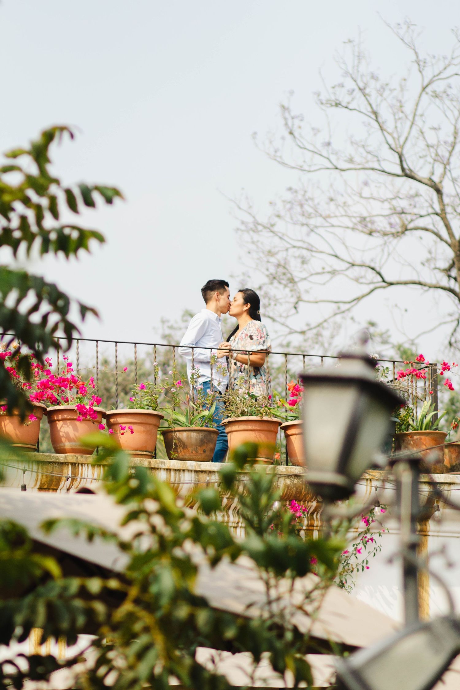 Romantic scene on balcony with potted flowers and vintage lamp post in foreground.