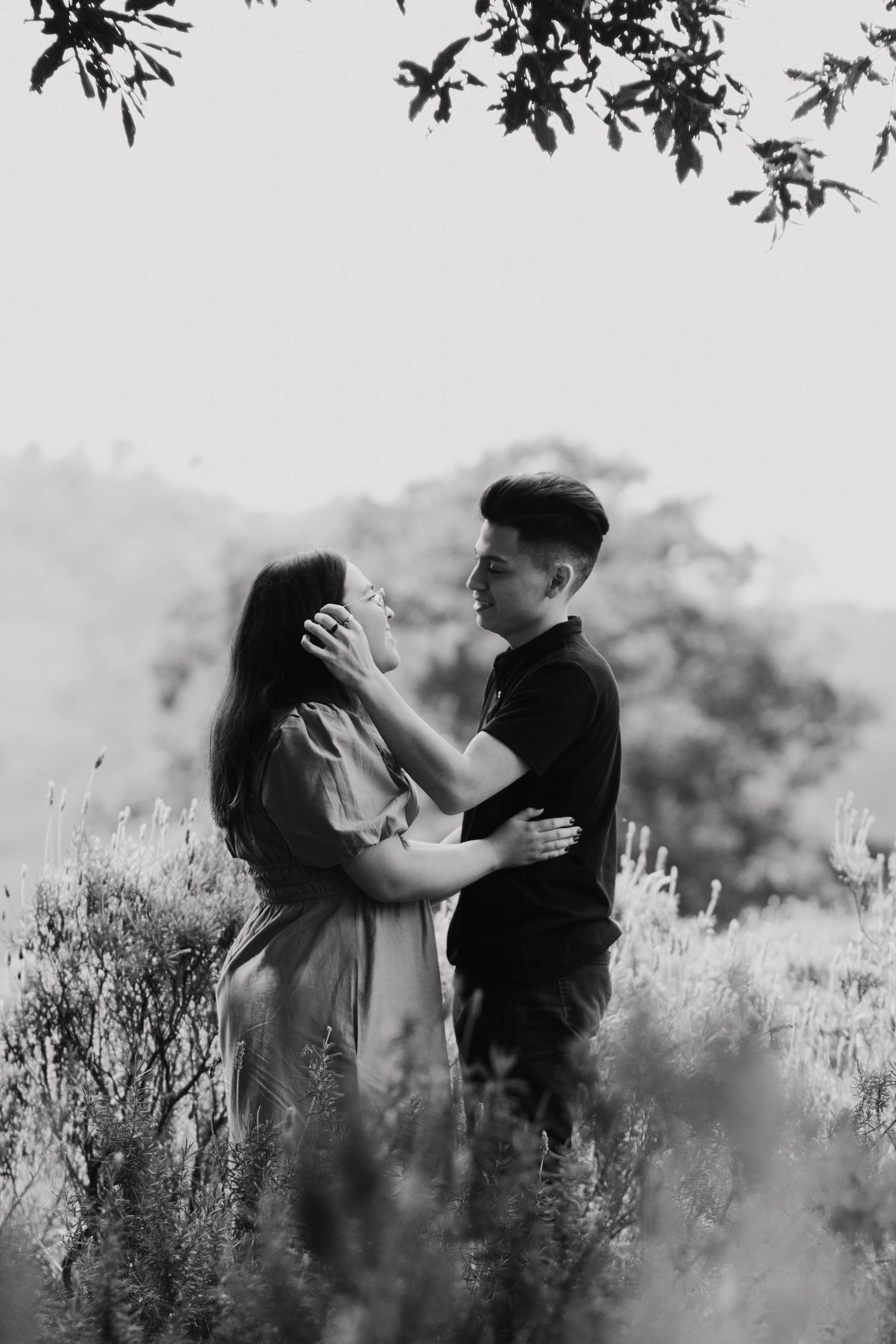 Black and white portrait of couple embracing in misty field with branches overhead.