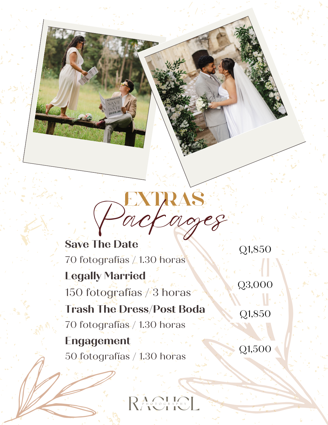 Wedding photography pricing guide showing different packages and services with elegant floral design elements.