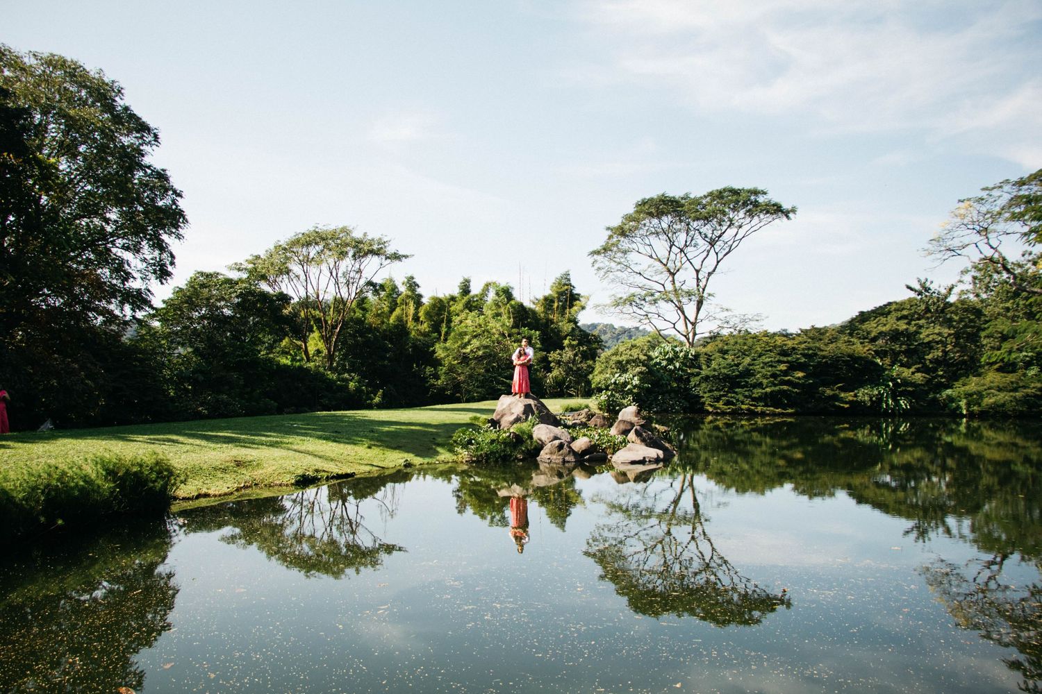 Tranquil garden pond reflects lush trees and landscaping on a calm day in Japanese-style garden setting.