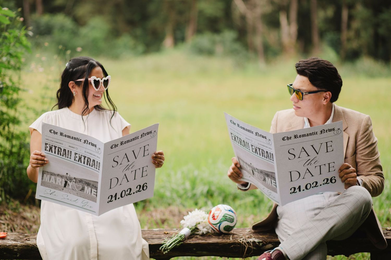 A series of engagement announcement photos showing a couple reading newspapers in a park setting.