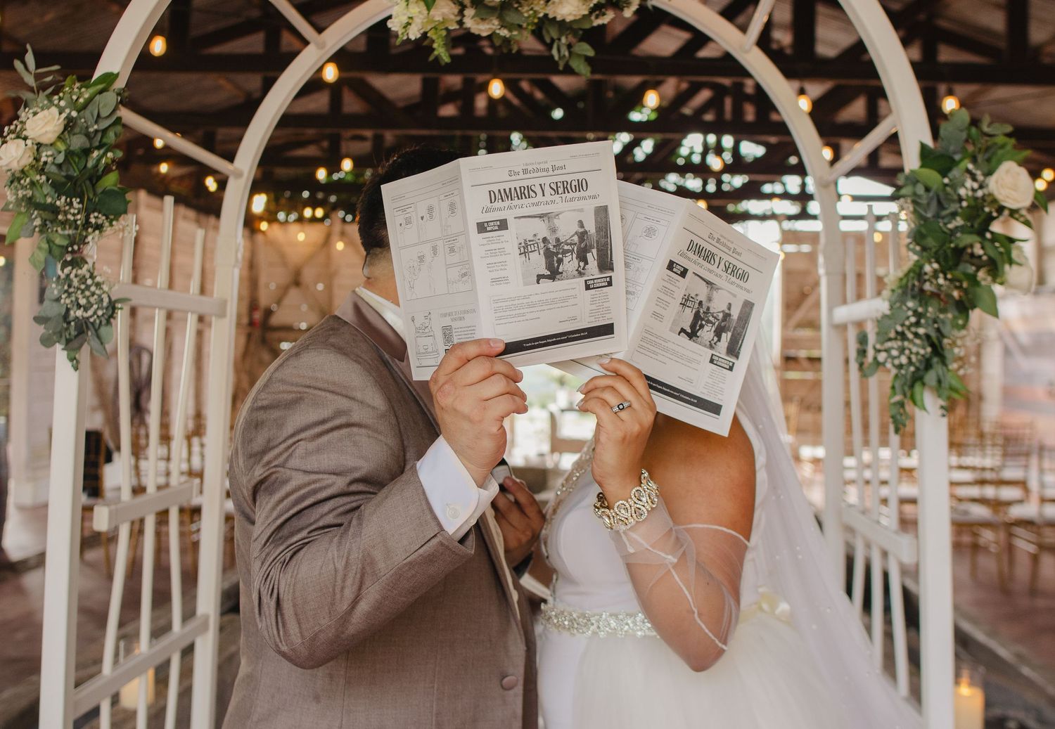 A series of candid moments from a rustic barn wedding celebration with soft lighting and floral decorations.