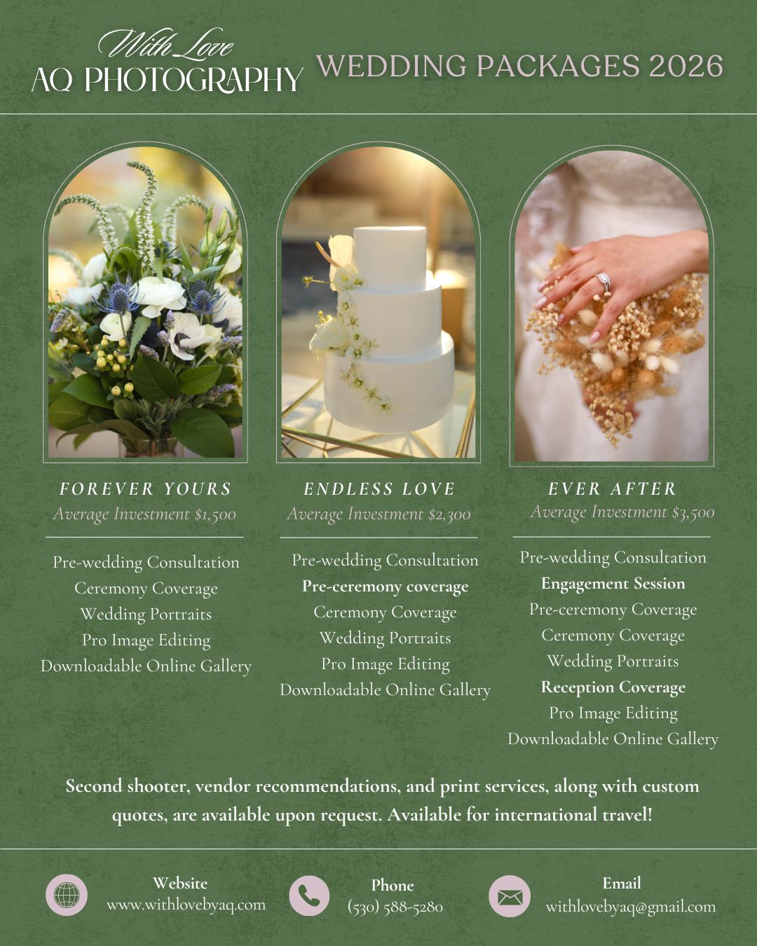 Wedding photography packages advertisement showing floral arrangements, white cake, and golden jewelry in arched frames on green background.