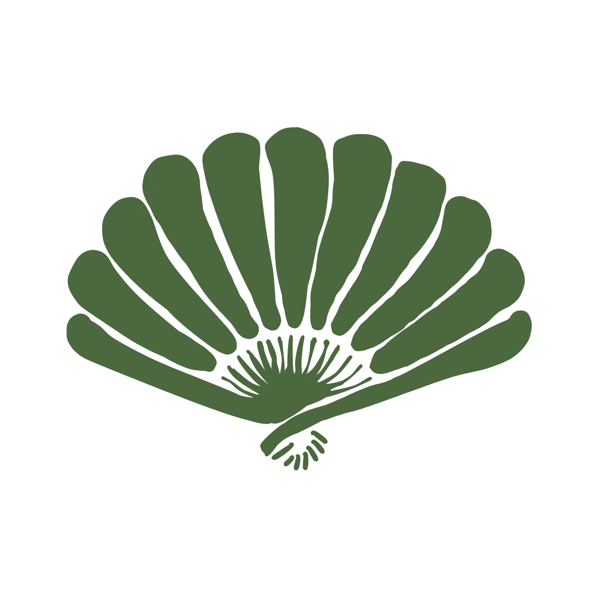 With Love by AQ Logo. Decorative green floral fan shape against white background.