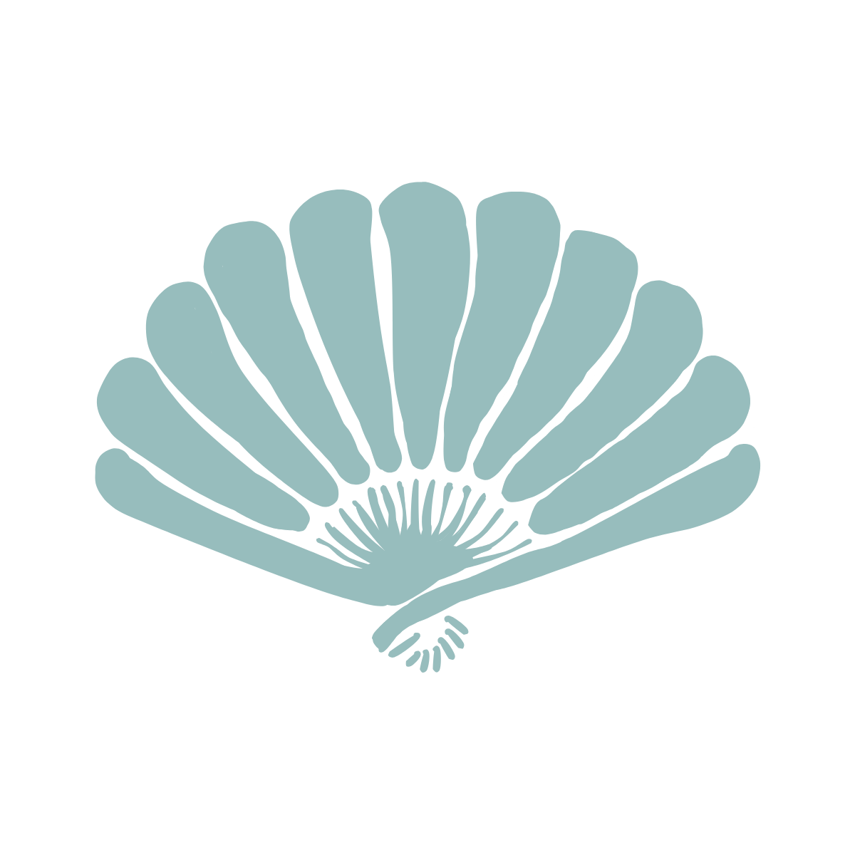 With Love by AQ Logo. Decorative mint green floral fan shape against white background.