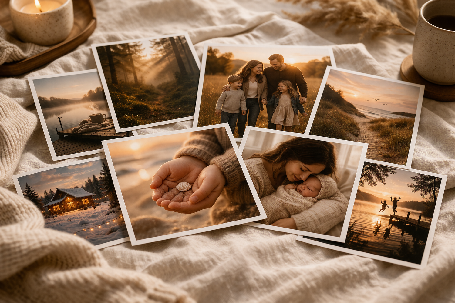 Collection of family and couple polaroid photos scattered on white linen with warm golden sunset tones.