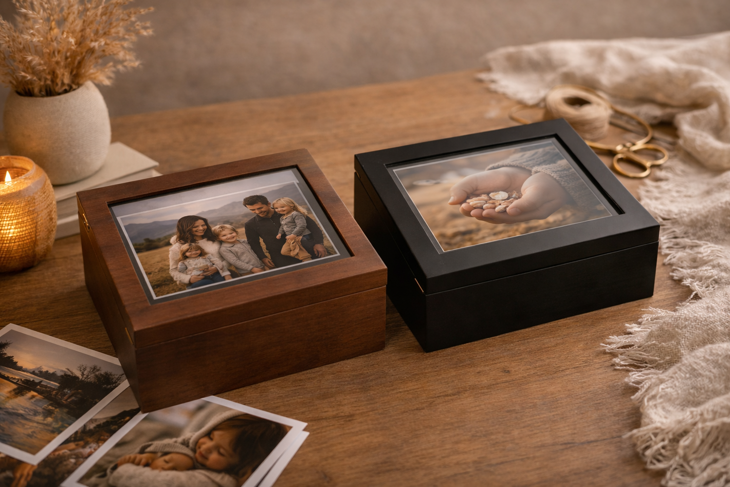 Two decorative photo keepsake boxes with picture frames on lids displayed on a wooden table with candles and photos.