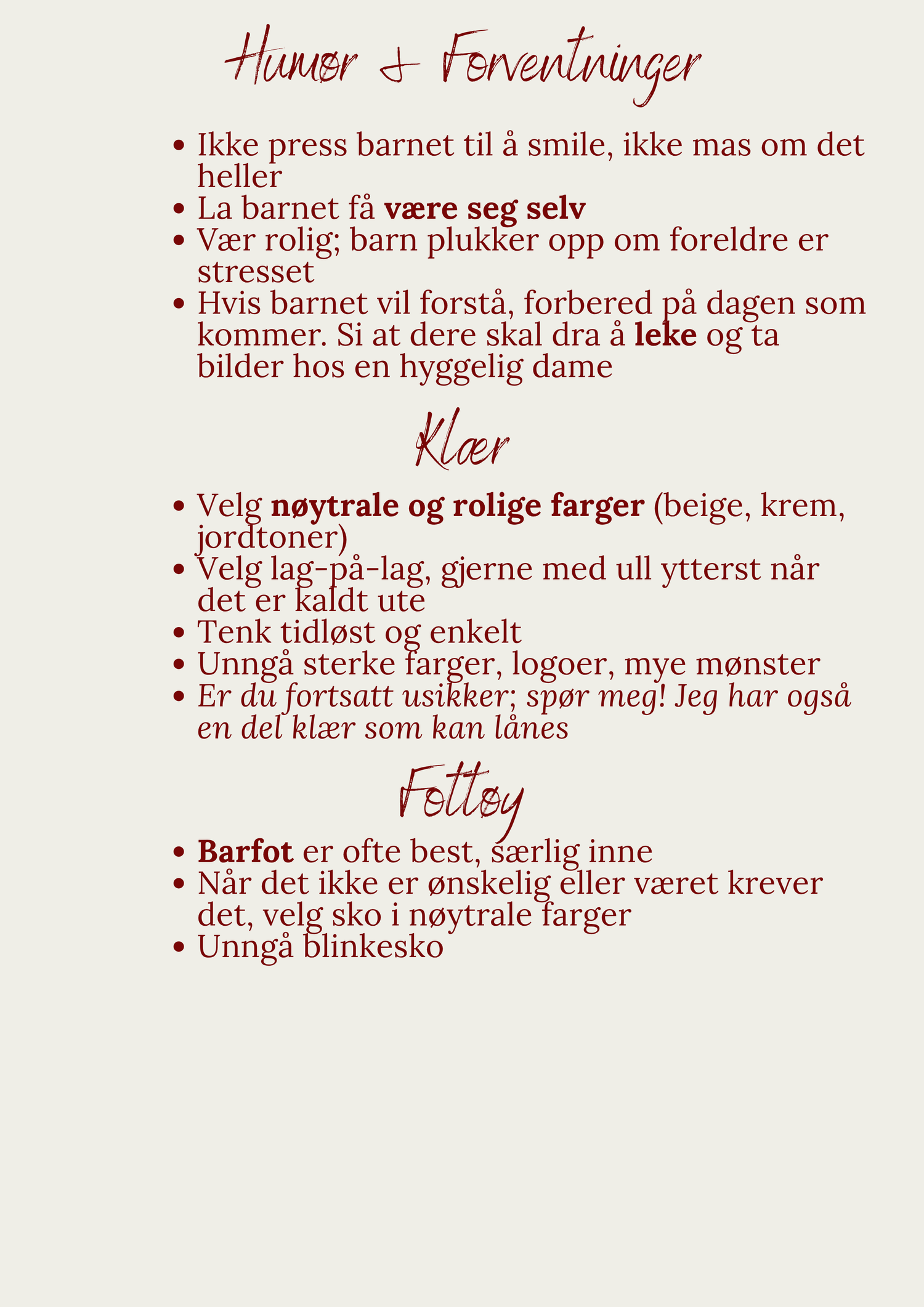 Norwegian photography tips for children covering mood management, neutral clothing colors, and simple footwear recommendations.