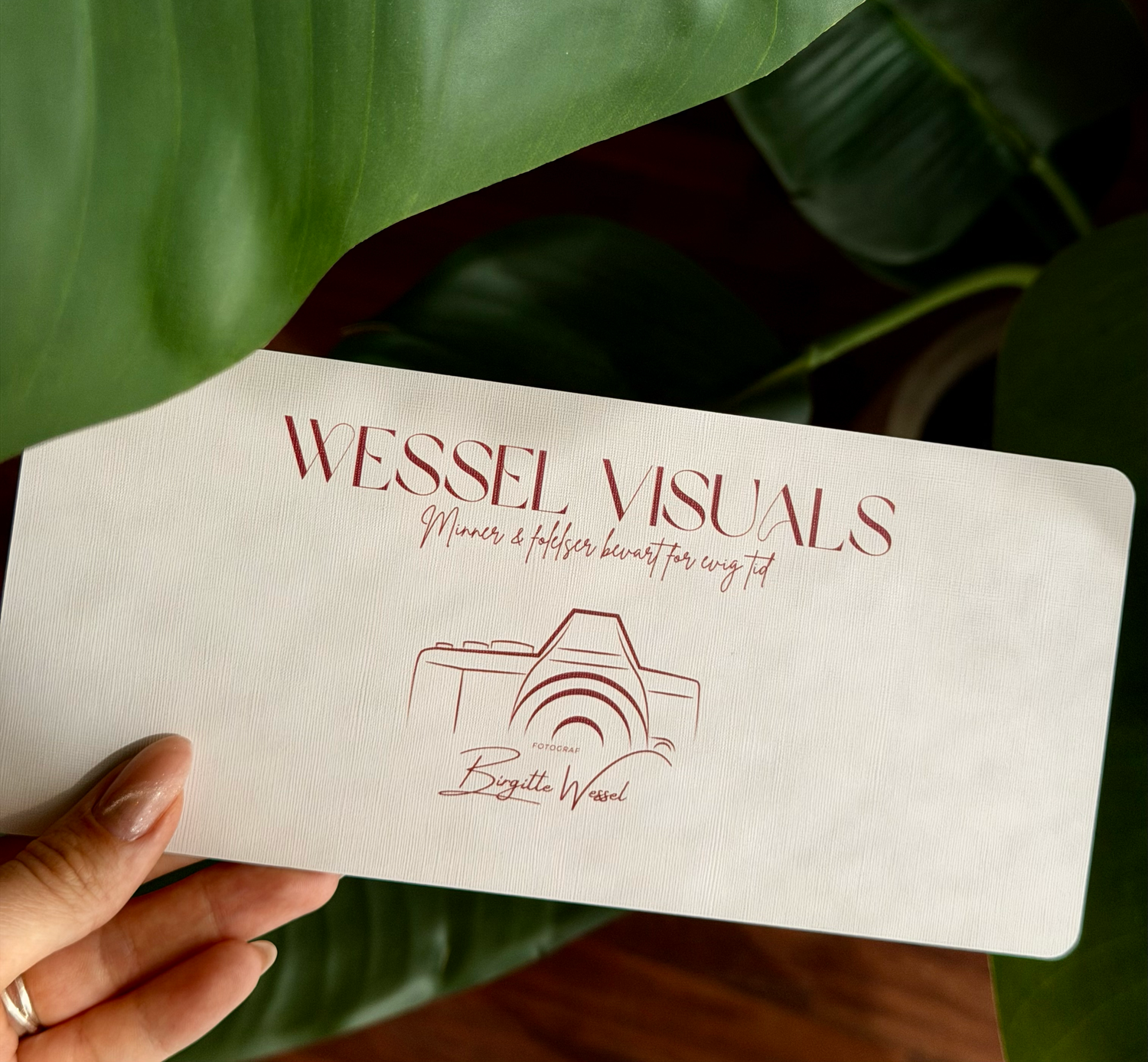 Hand holding a Wessel Visuals branded business card with camera logo and photographer Brigette Wessel's name.