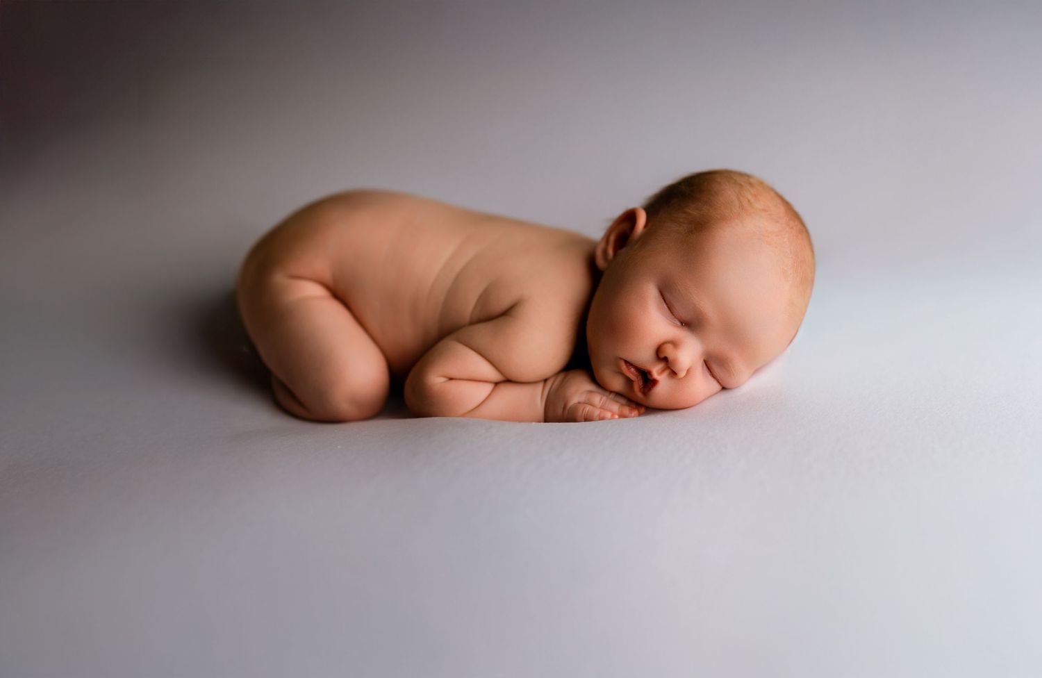 Peaceful newborn baby sleeping curled up on a soft gray background in a classic posed newborn photography style.