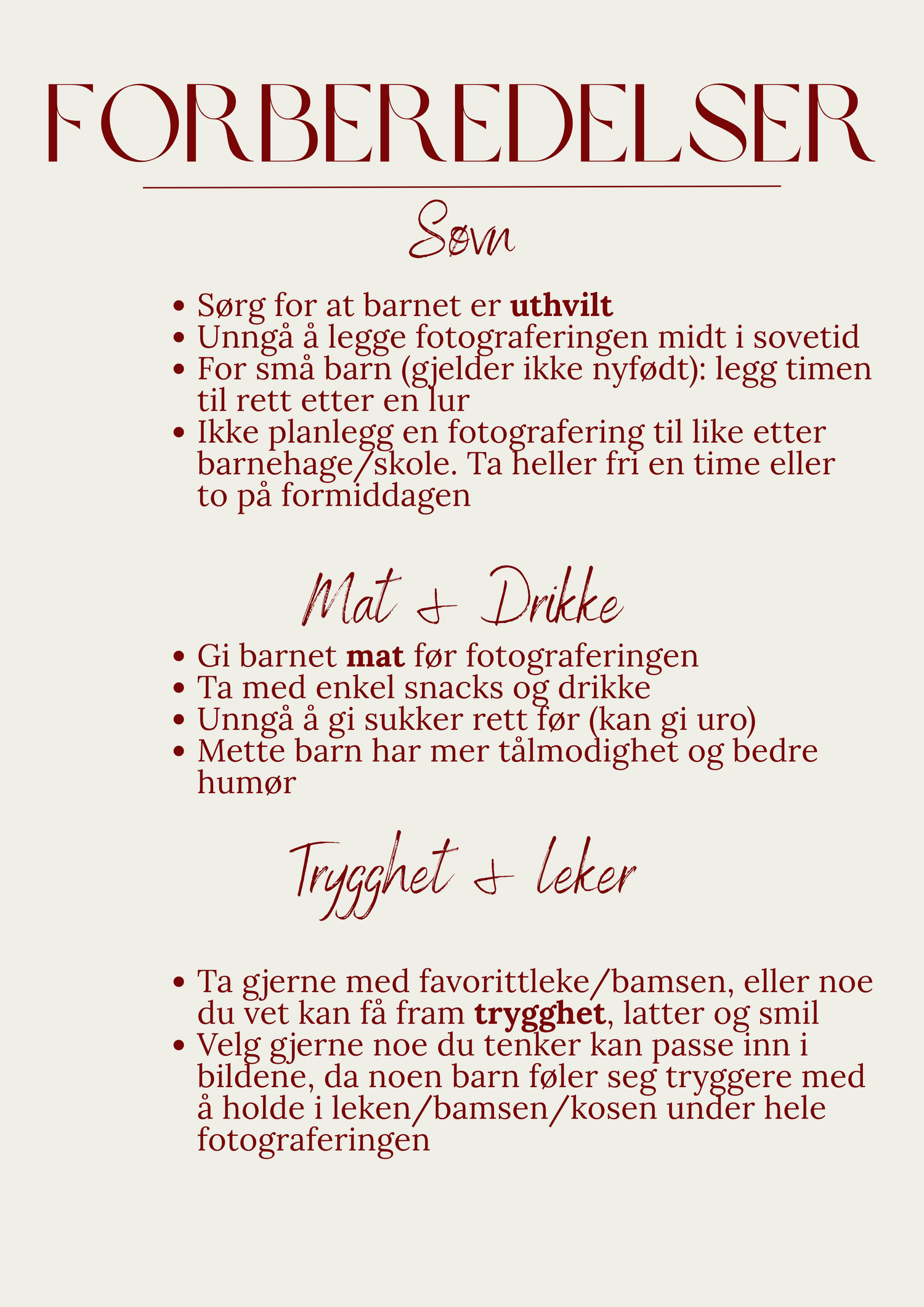 Norwegian photography preparation guide covering sleep, food, drinks, security items and toys for children's photo sessions.