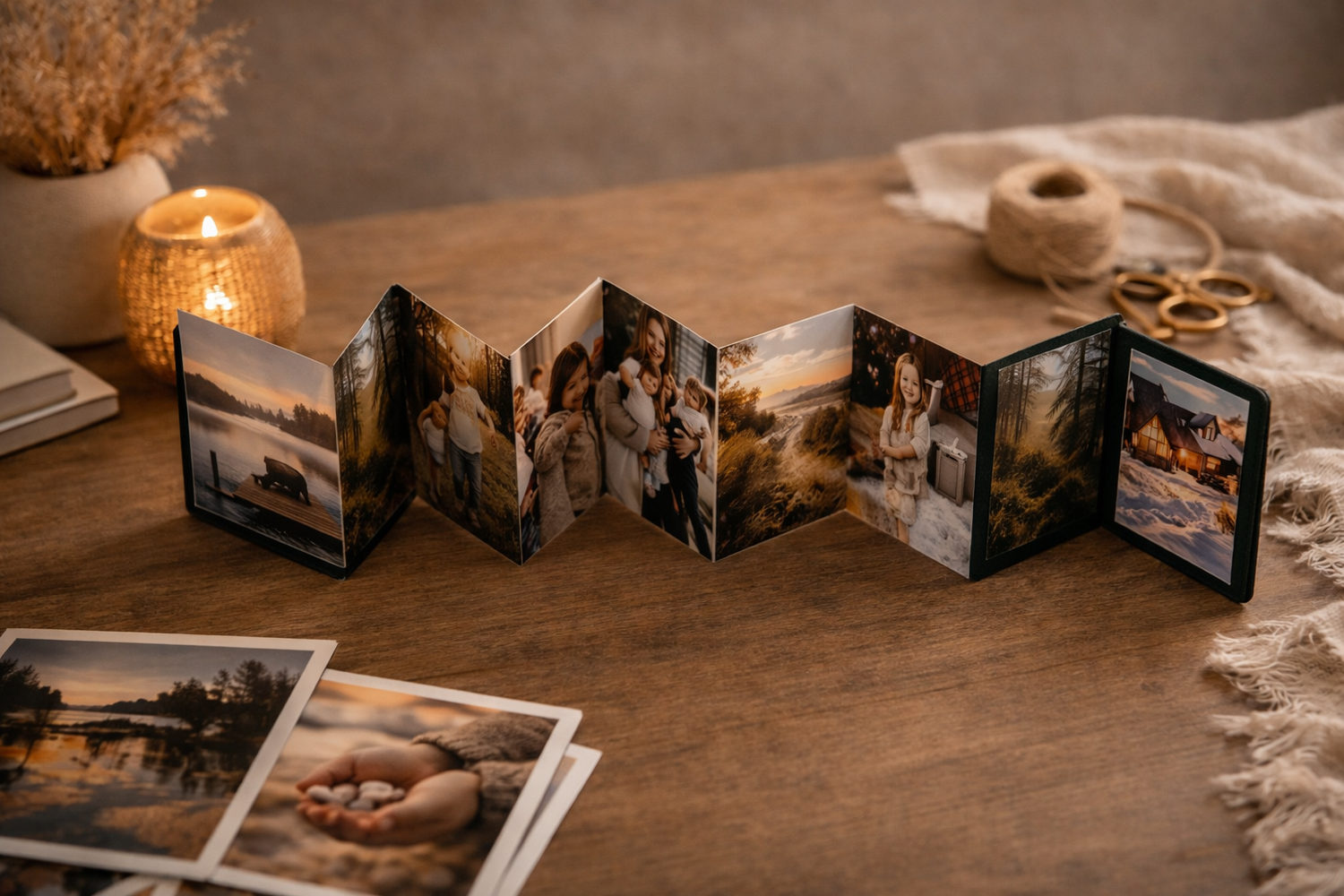 Accordion photo book displaying family portraits open on a wooden table with candle and scattered prints.