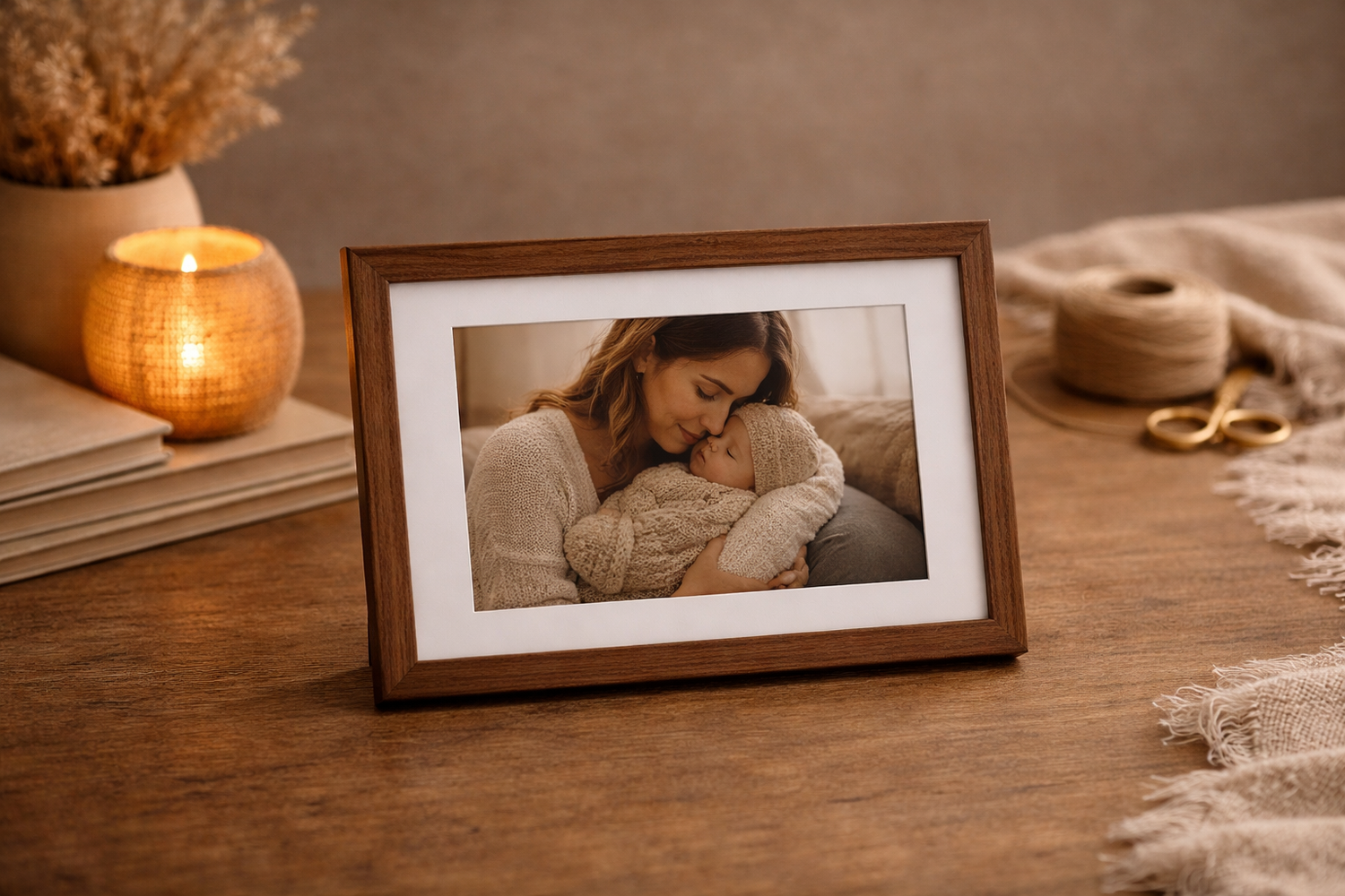 A wooden photo frame displaying a mother tenderly embracing her child, placed on a rustic table with a glowing candle nearby.