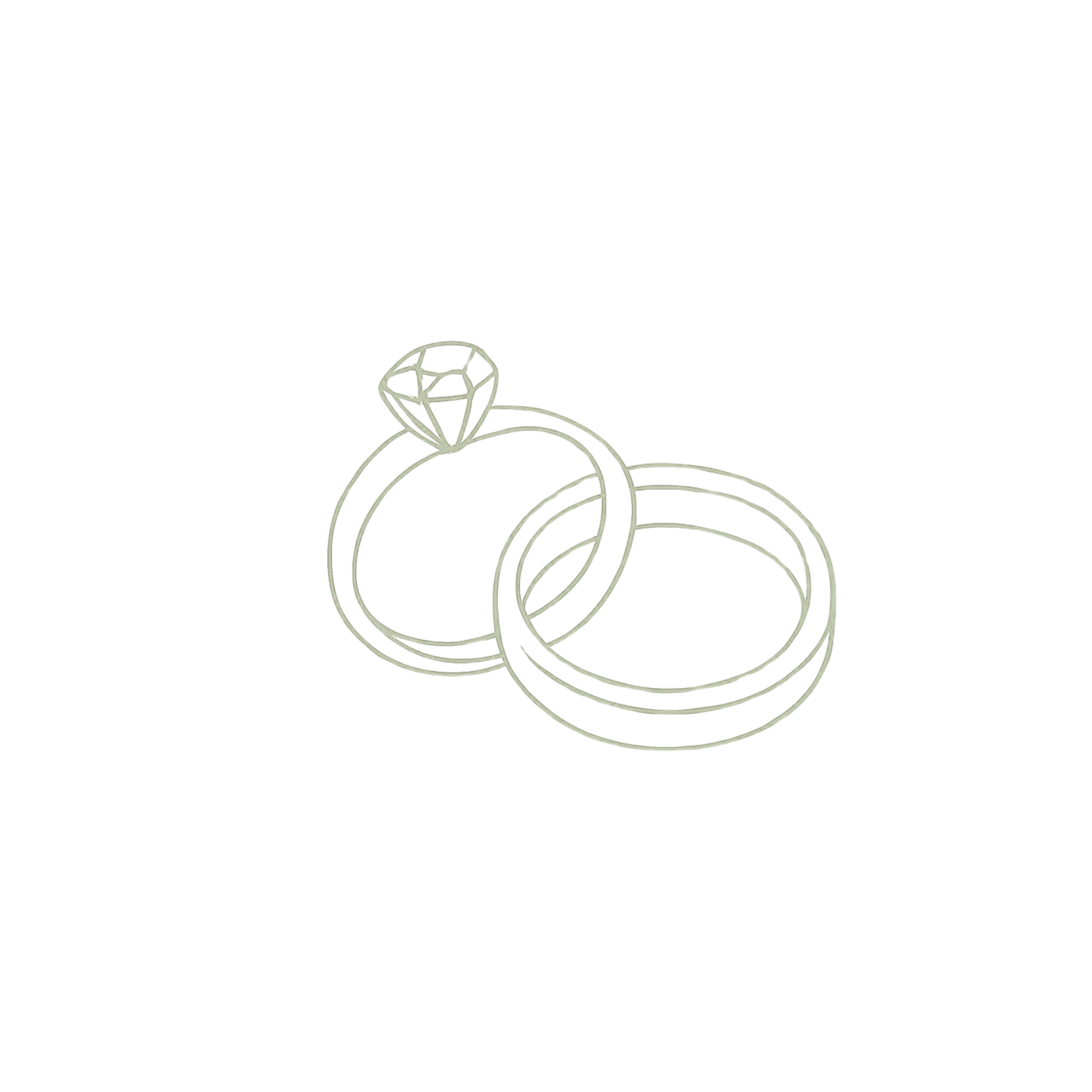 Elegant line art illustration of diamond engagement ring and wedding band in sage green.