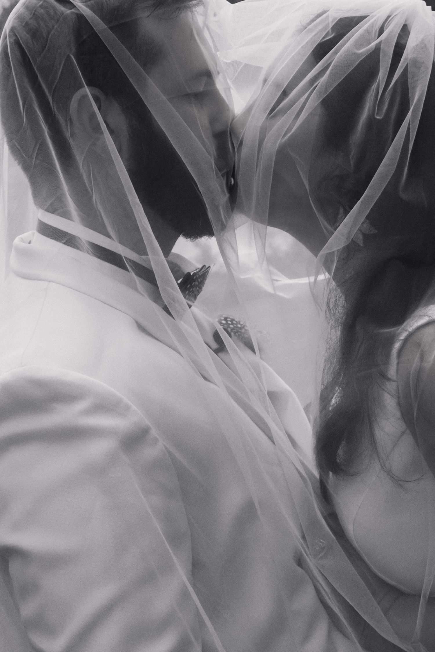 Romantic black and white photo of bride and groom kissing under a flowing wedding veil.