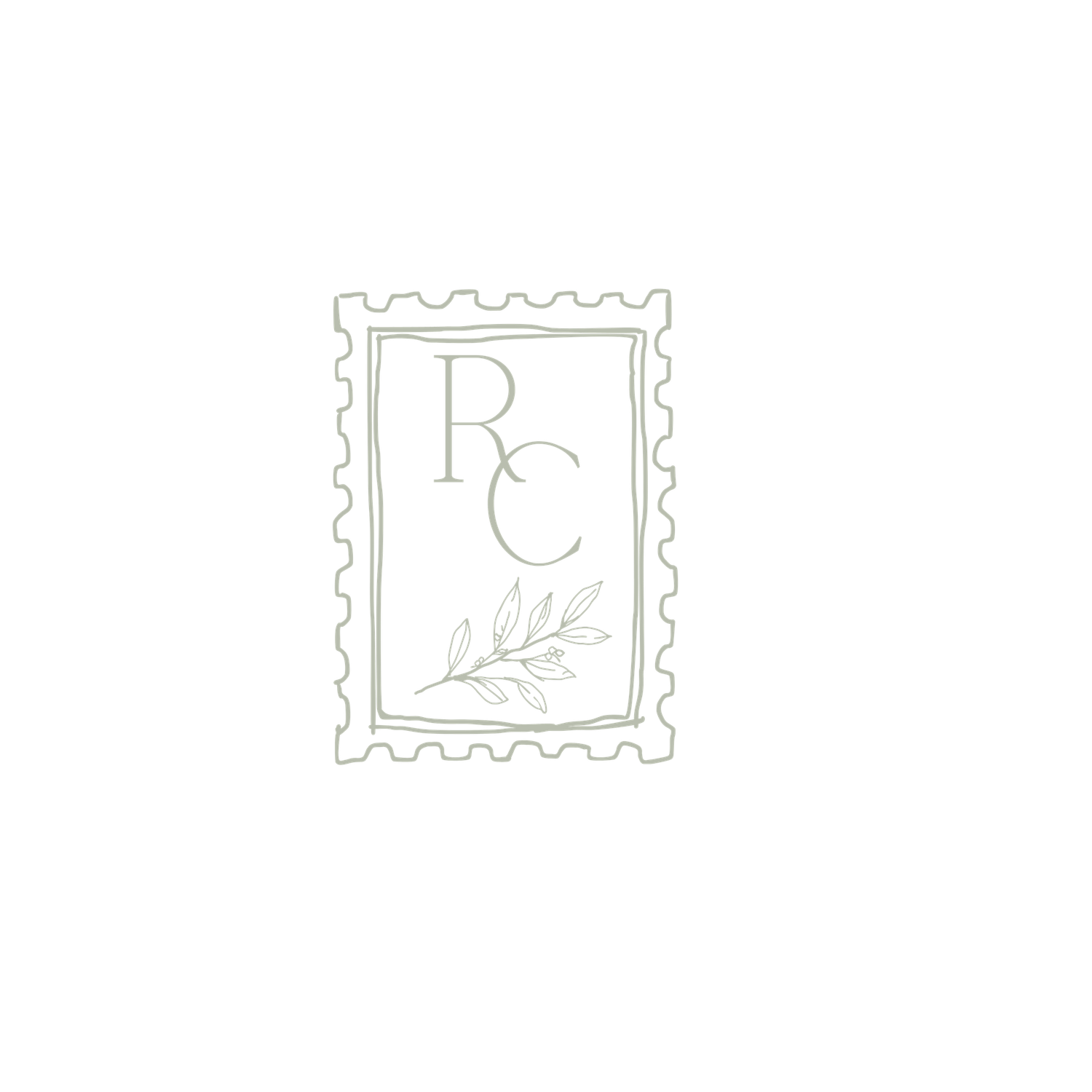 Elegant RC monogram postage stamp logo with olive branch botanical detail in sage green.