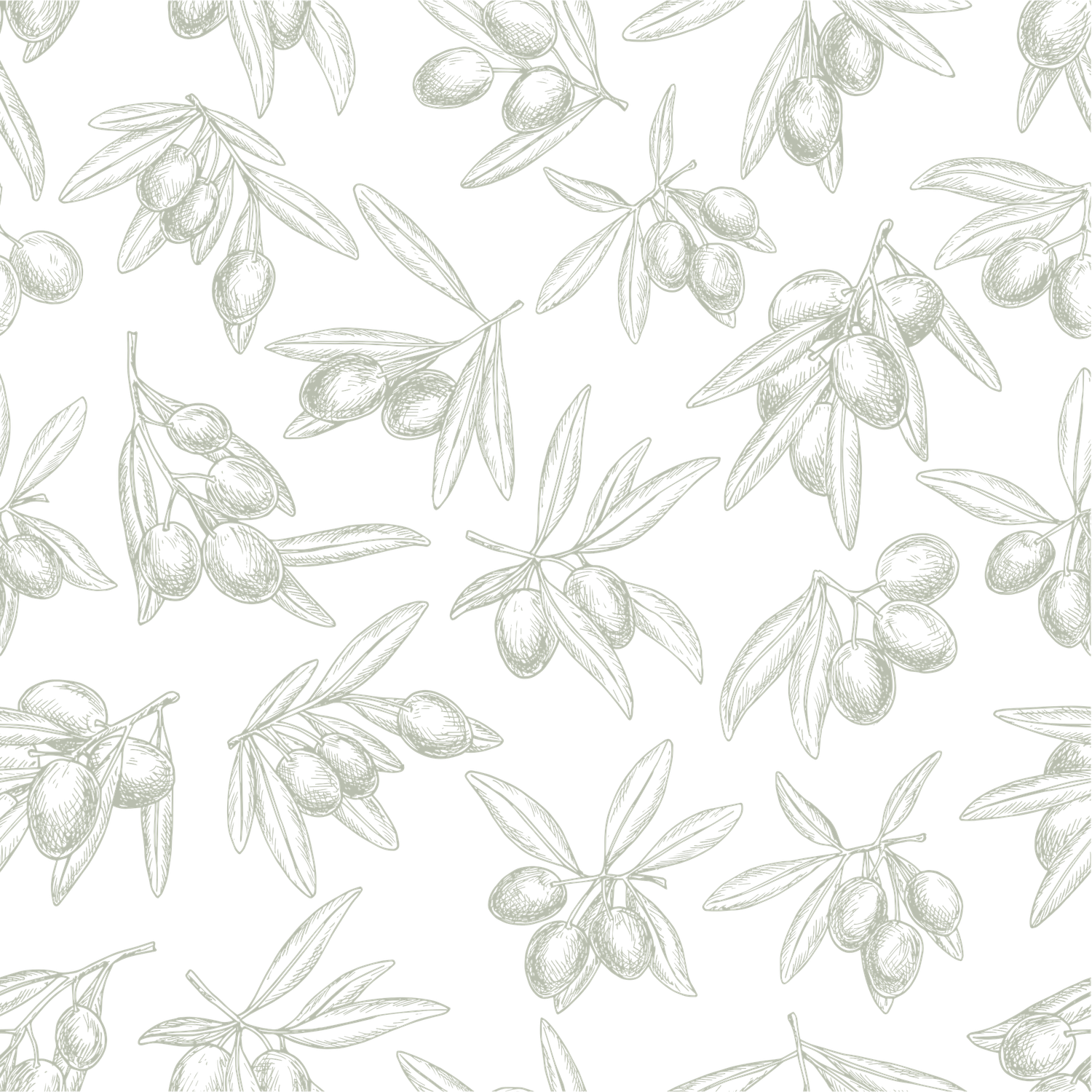 Elegant seamless pattern featuring hand-drawn olive branches with leaves and fruits on a white background.