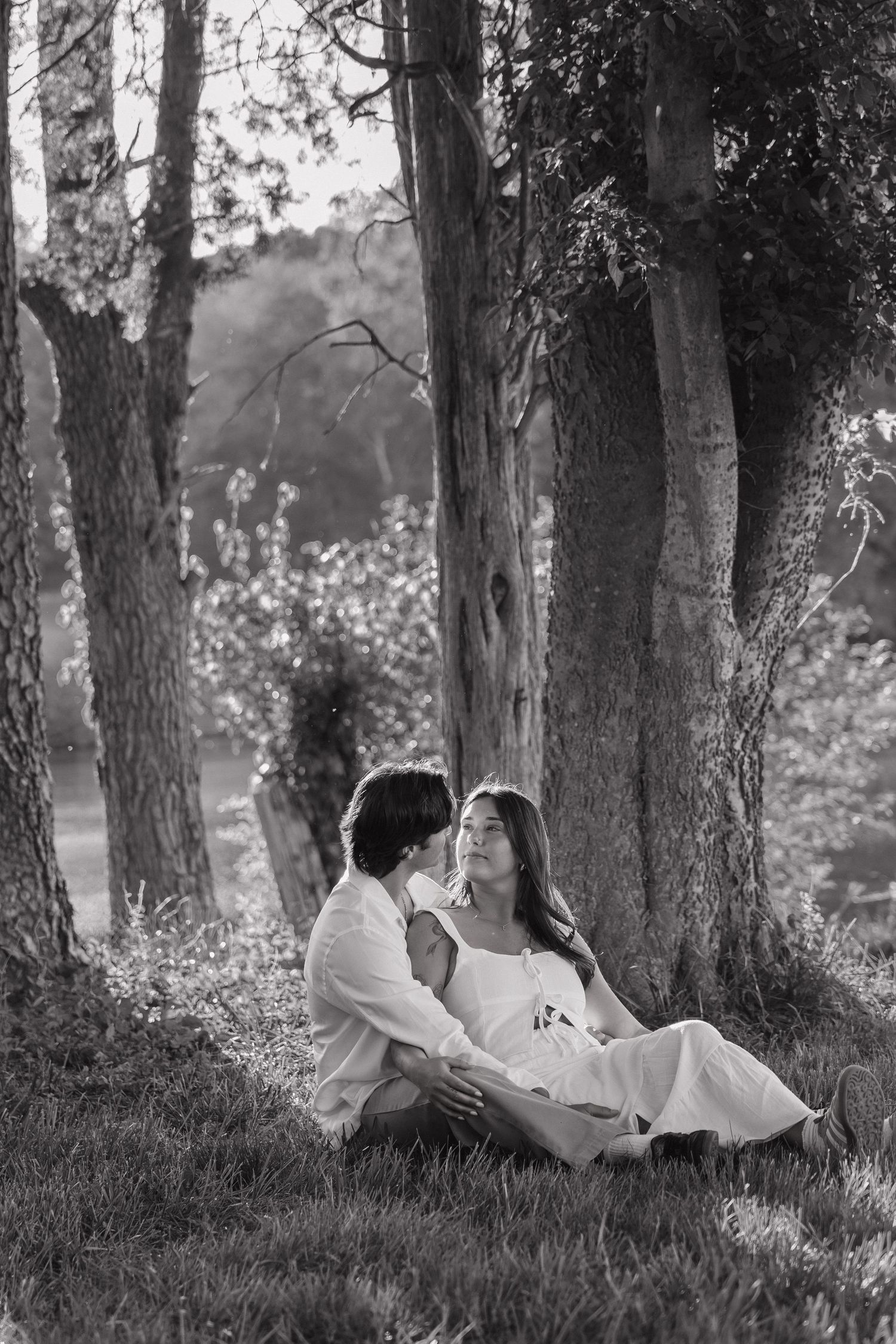 Black and white photo of a romantic couple sitting together beneath tall trees in a serene outdoor setting.