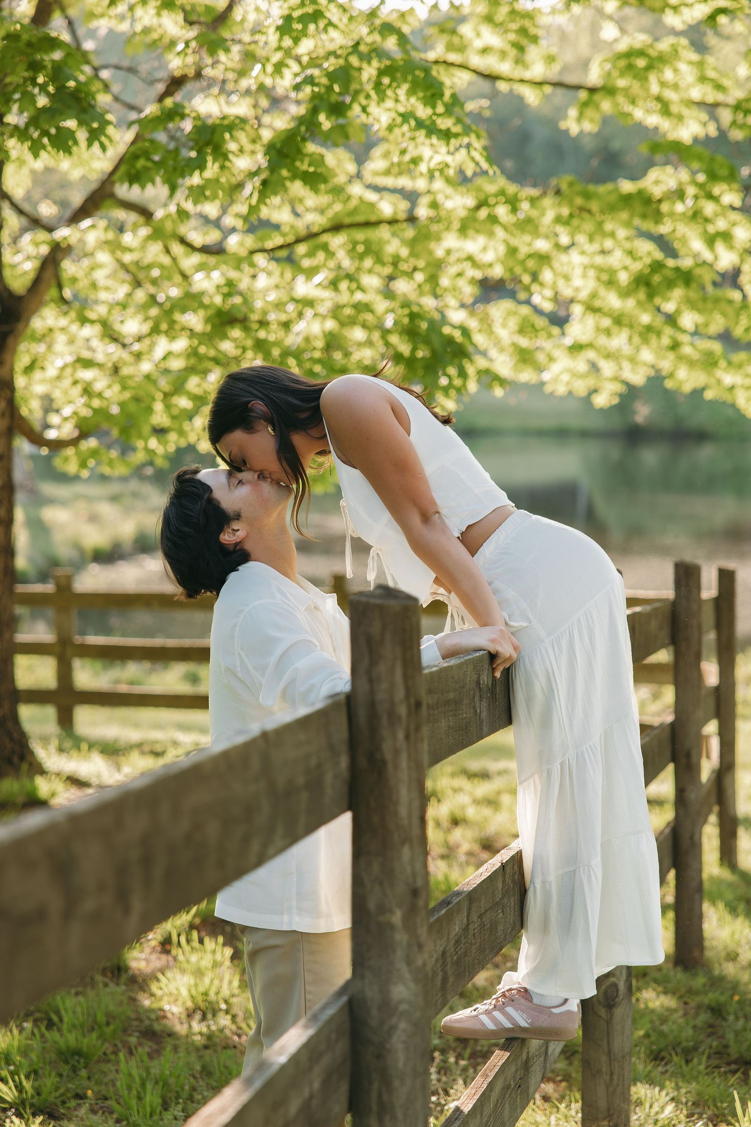 Couple sharing a romantic kiss over a rustic wooden fence in a sunlit green park setting.