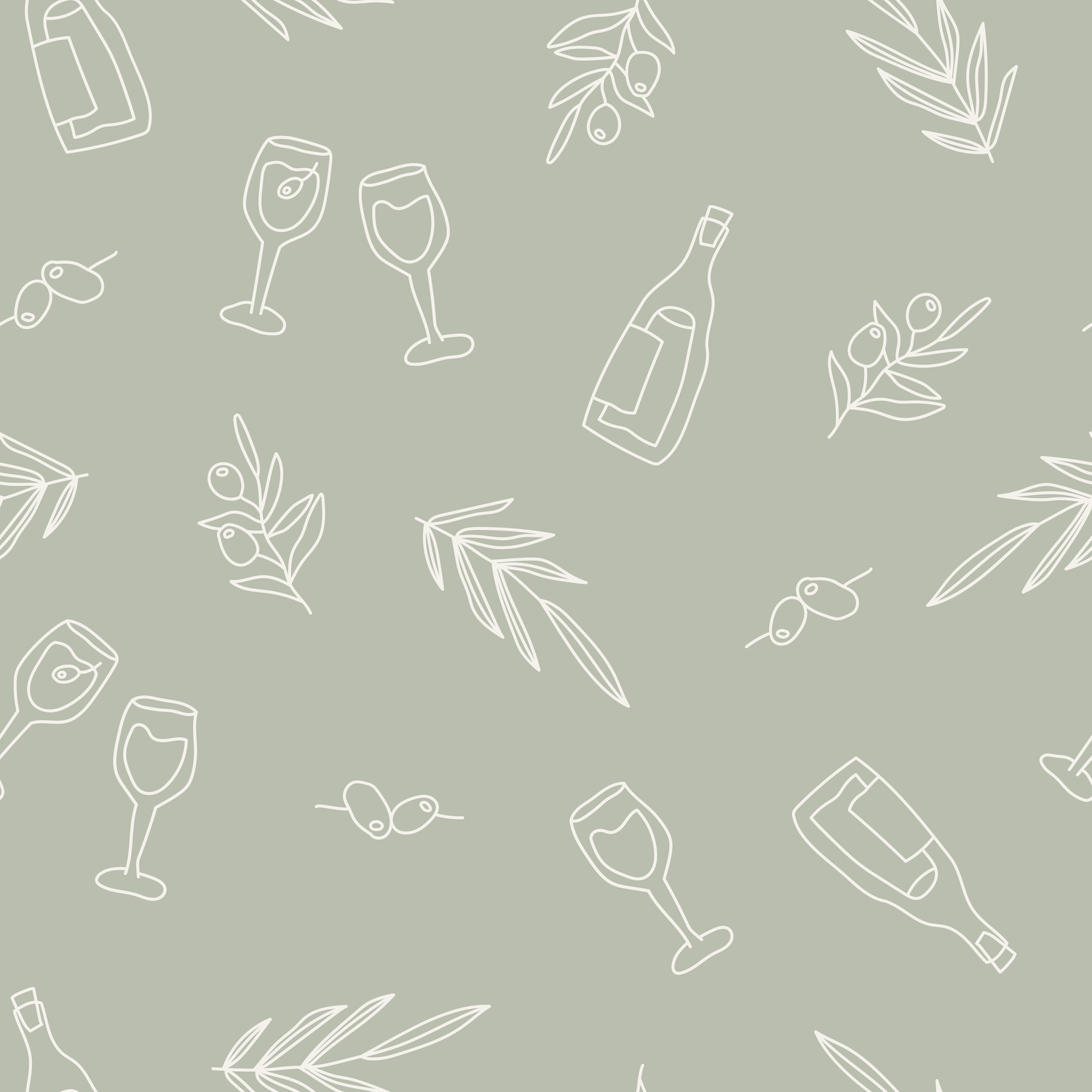 Seamless sage green pattern with white line art wine bottles, glasses, and olive branches.