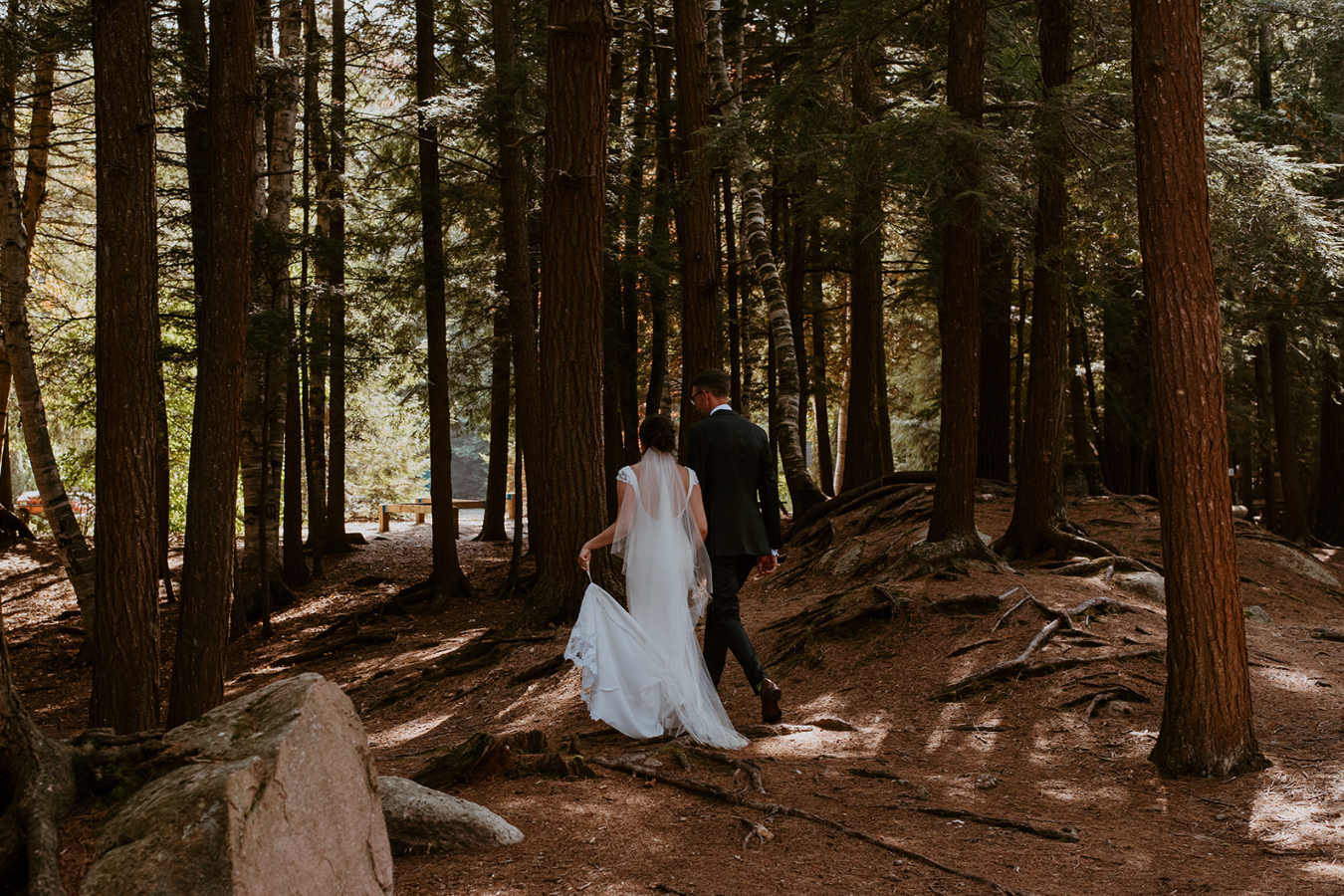 Bride and groom walking hand in hand through a sunlit forest on their wedding day.