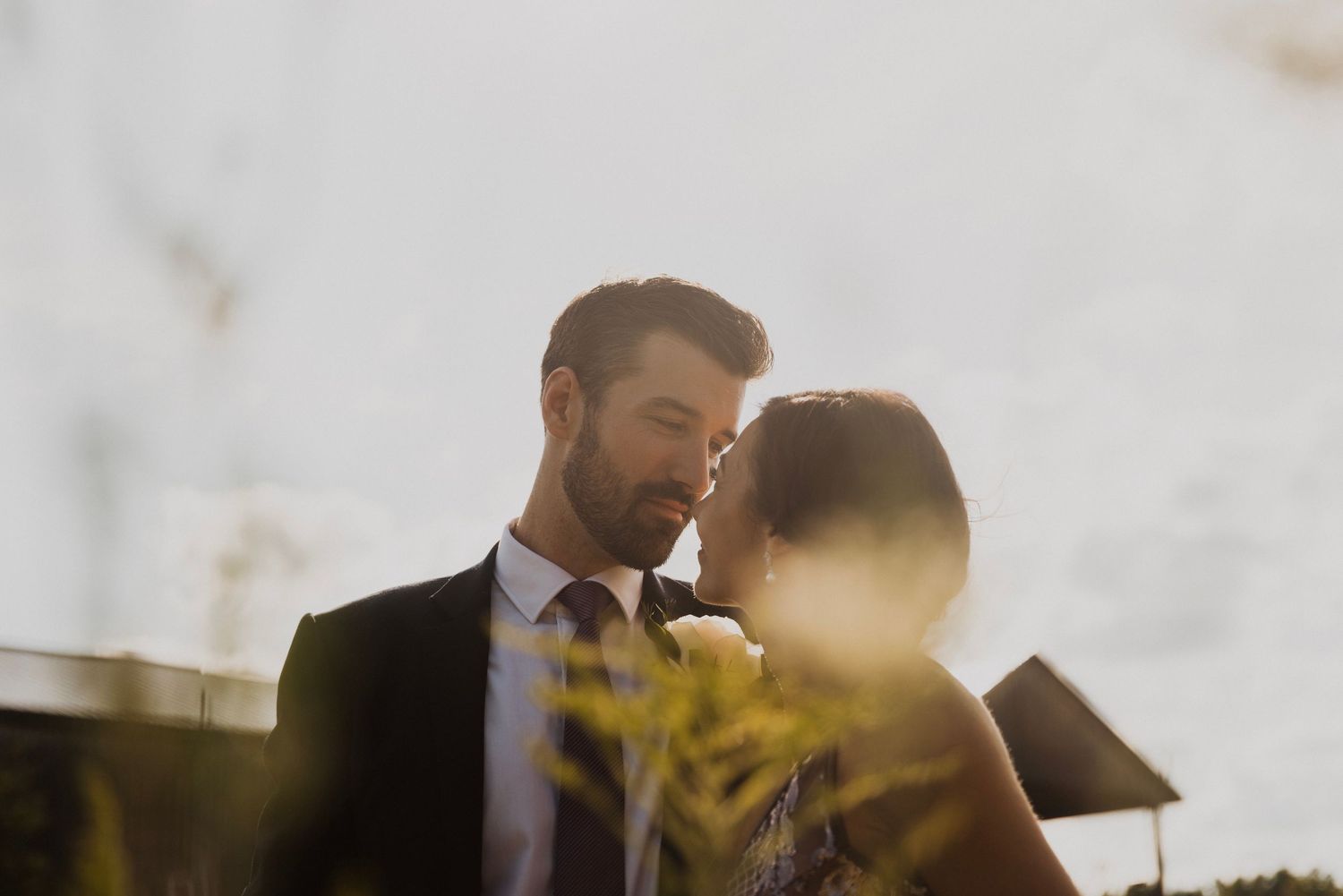 Romantic couple sharing an intimate moment in warm sunlight during golden hour.