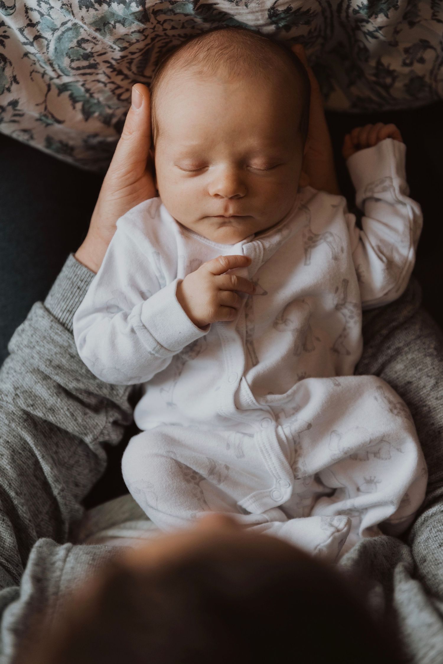 Peaceful newborn baby sleeping in white onesie cradled gently in parent's hands.