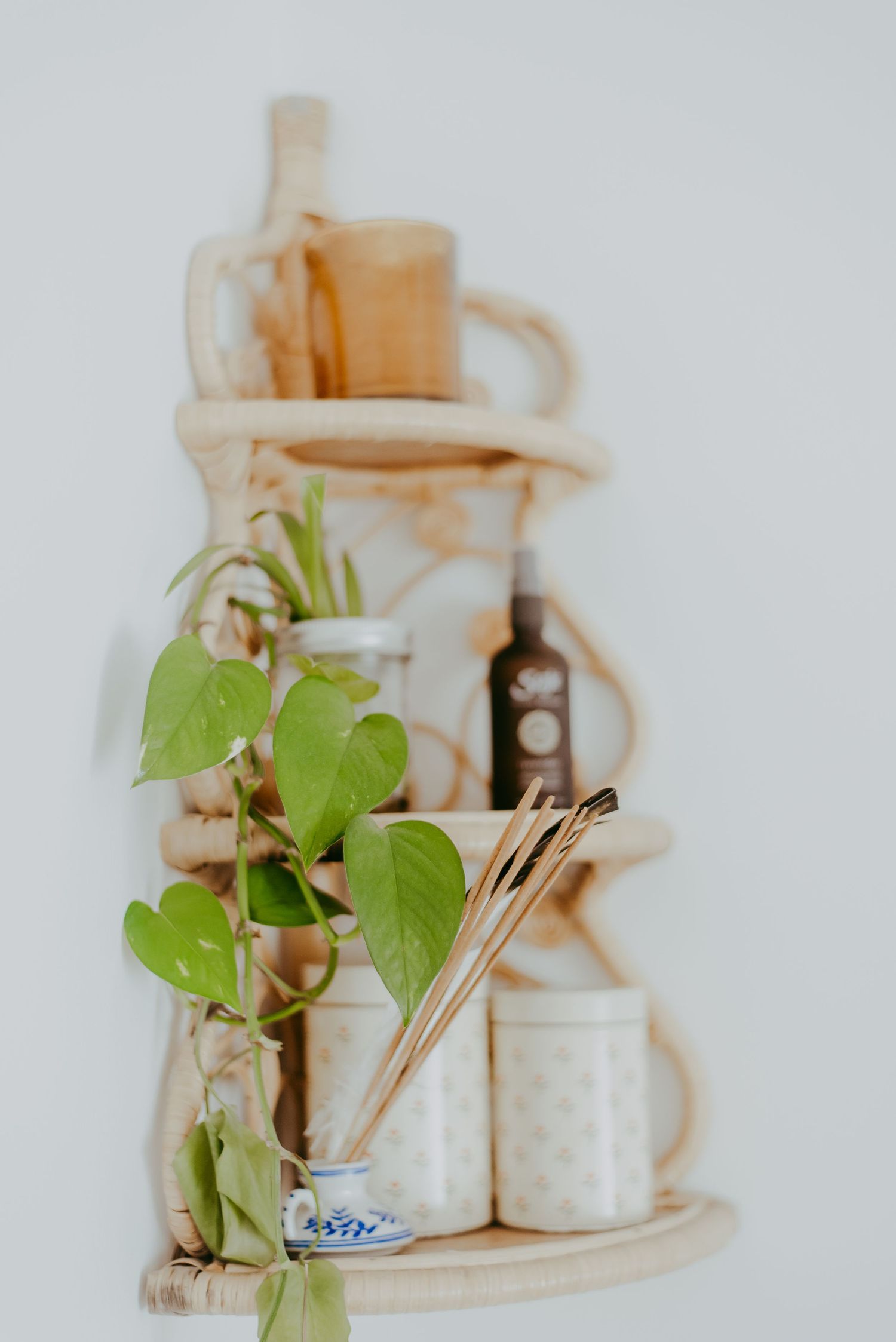 Boho rattan wall shelf with trailing pothos plant, reed diffuser, ceramic jars, and dark bottle on white wall.
