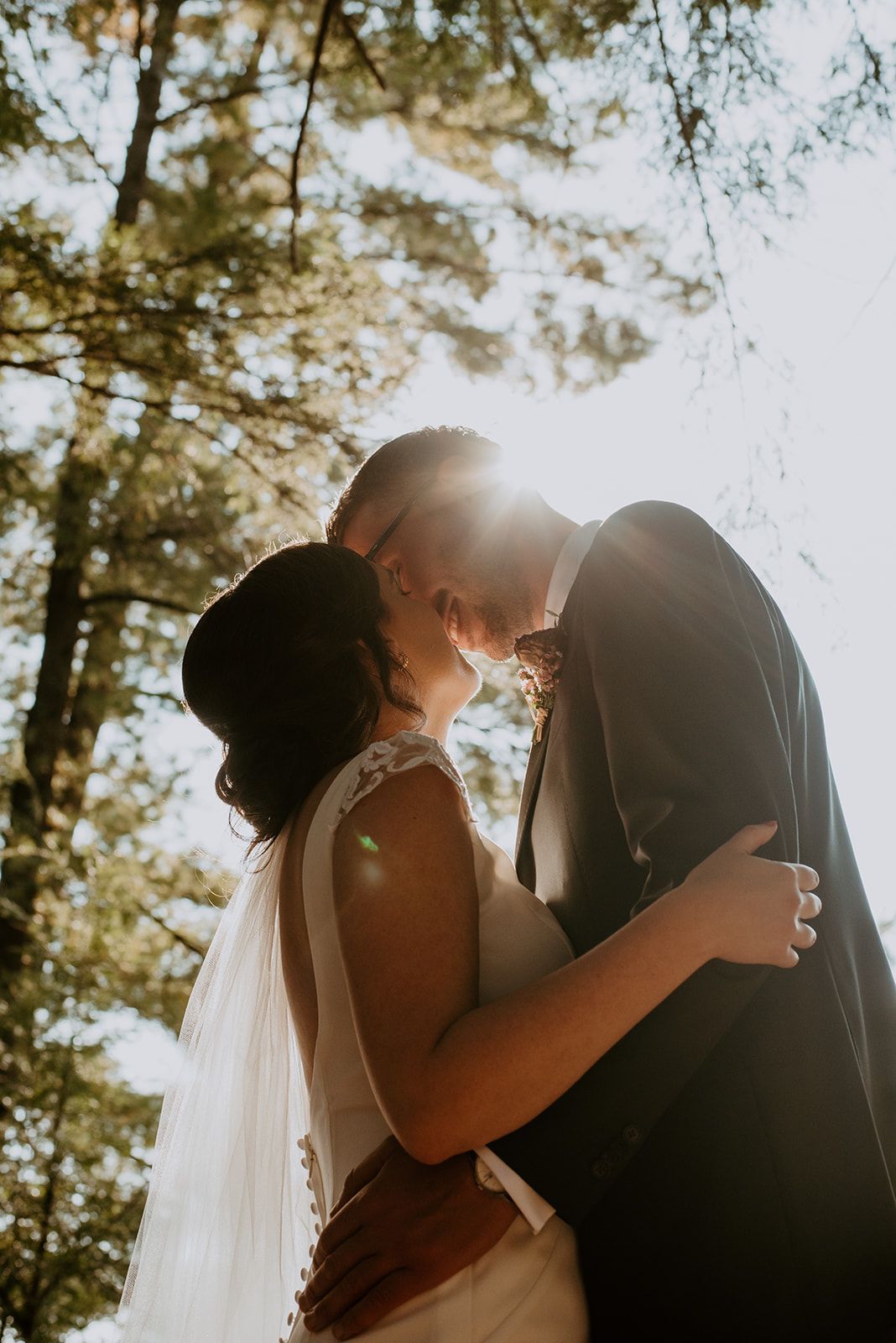 Sunlit wedding portraits through tree branches showing couple in intimate embrace.