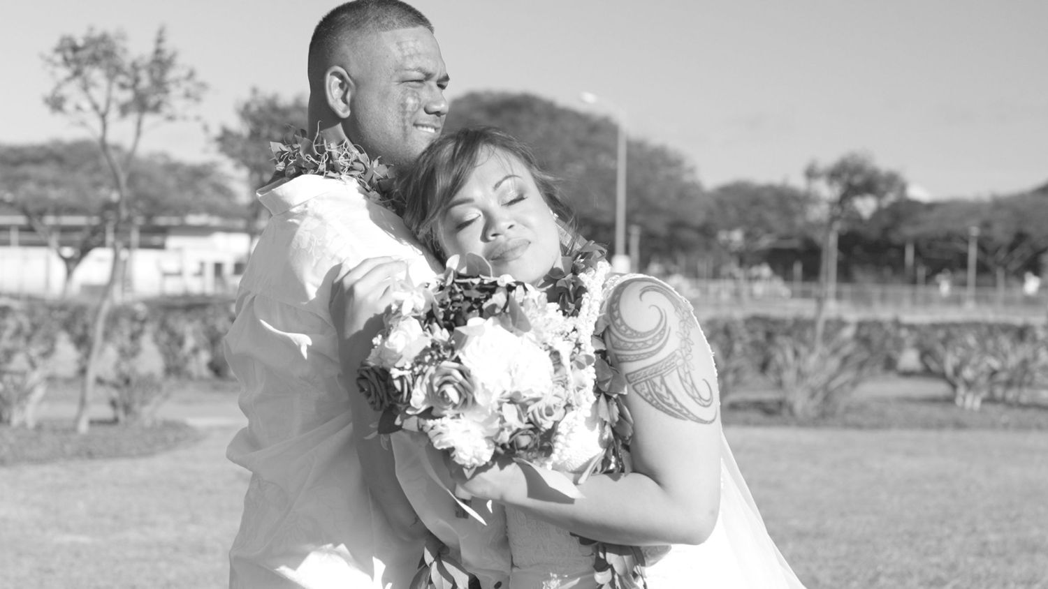 A black and white photo strip shows six sequential wedding celebration moments with guests and decorations.