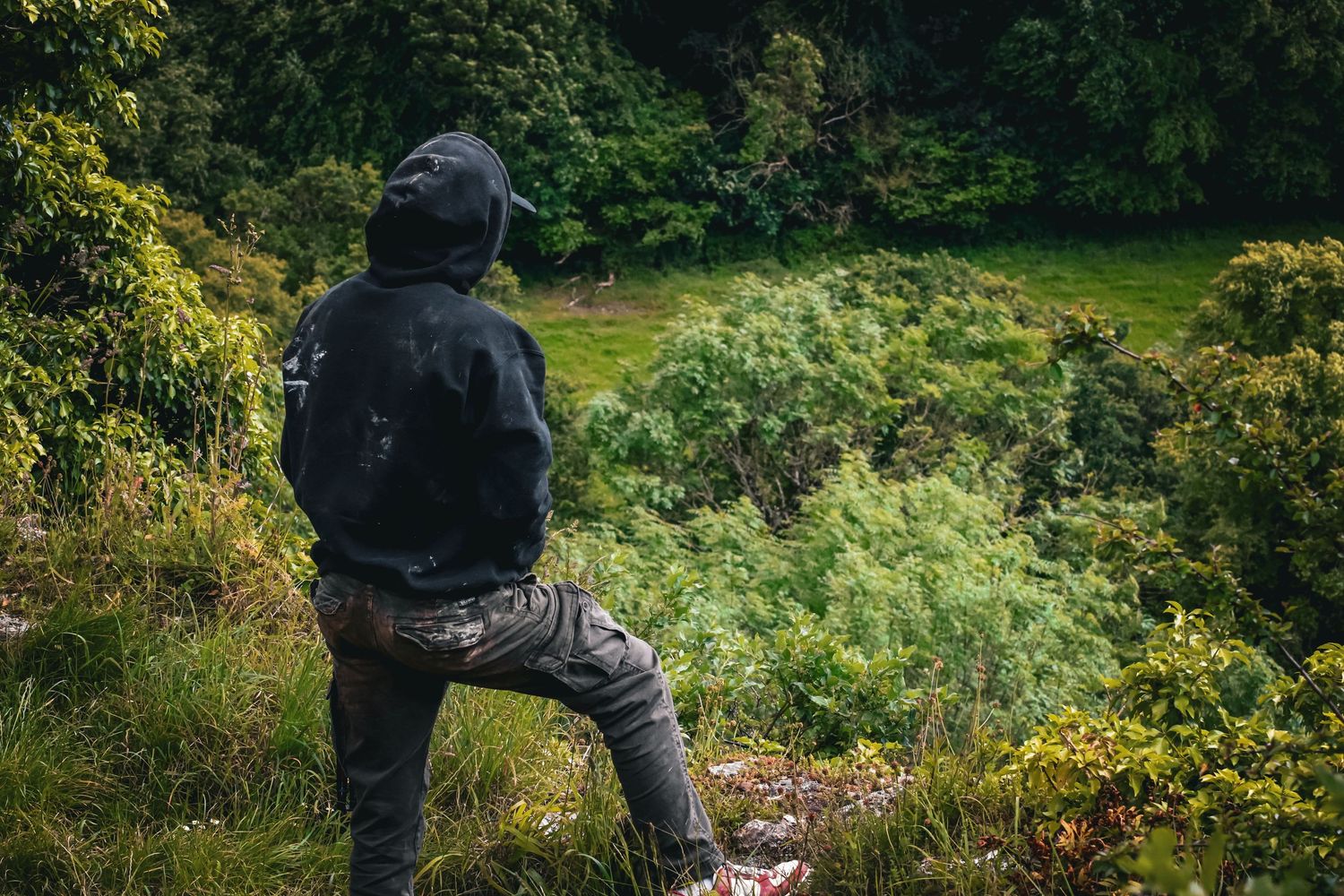 A person in a black hoodie standing on a rocky ledge overlooking a lush green forest valley.