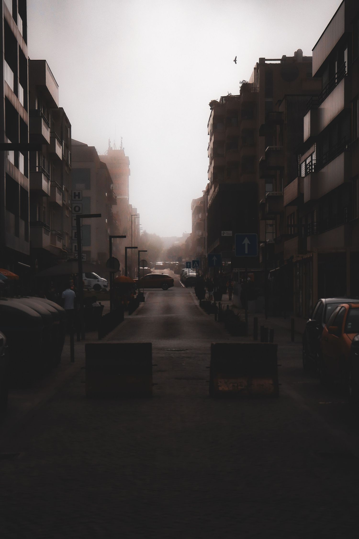 Foggy urban street lined with buildings and parked cars disappearing into misty morning light.