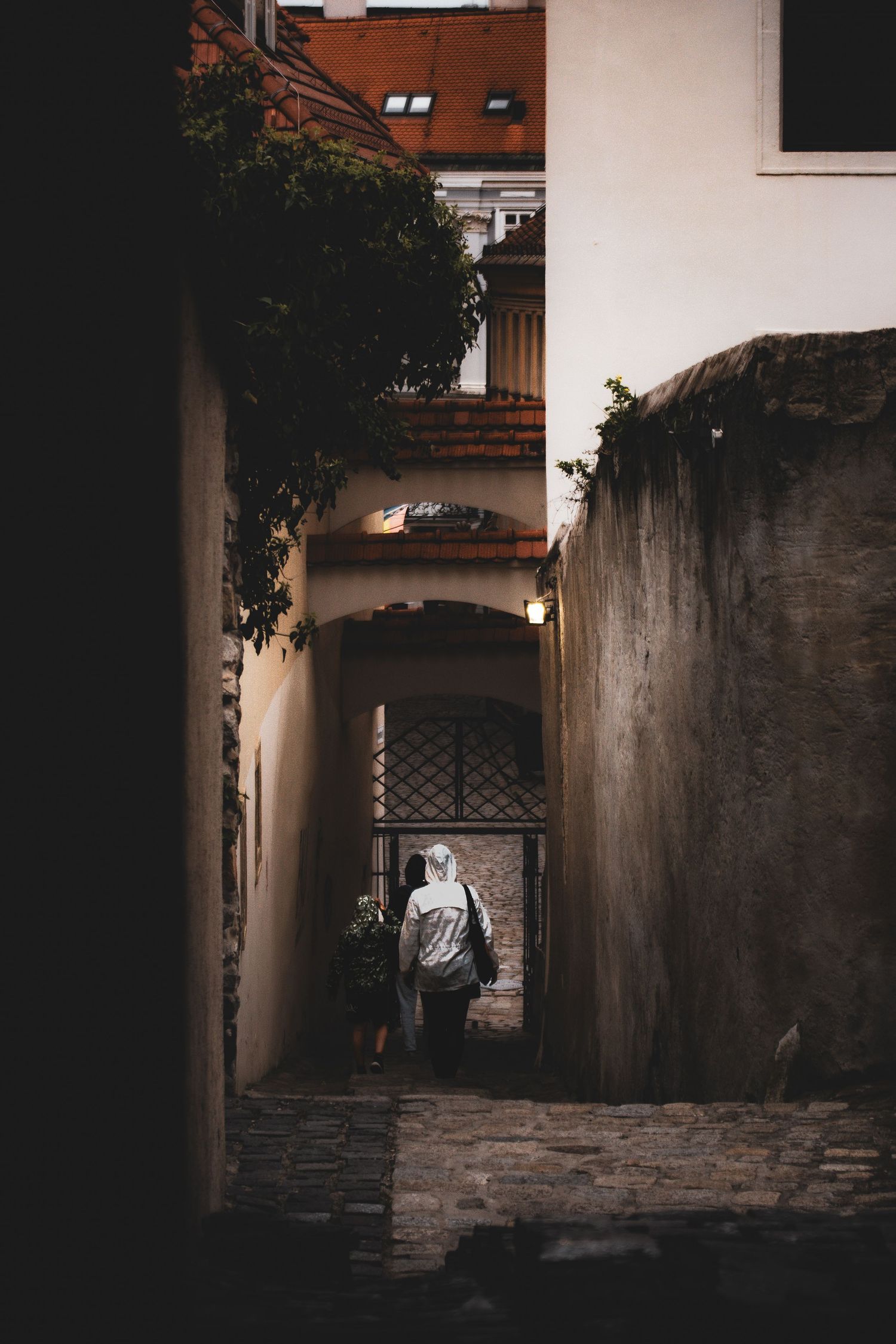 Person walking through a narrow cobblestone alley.