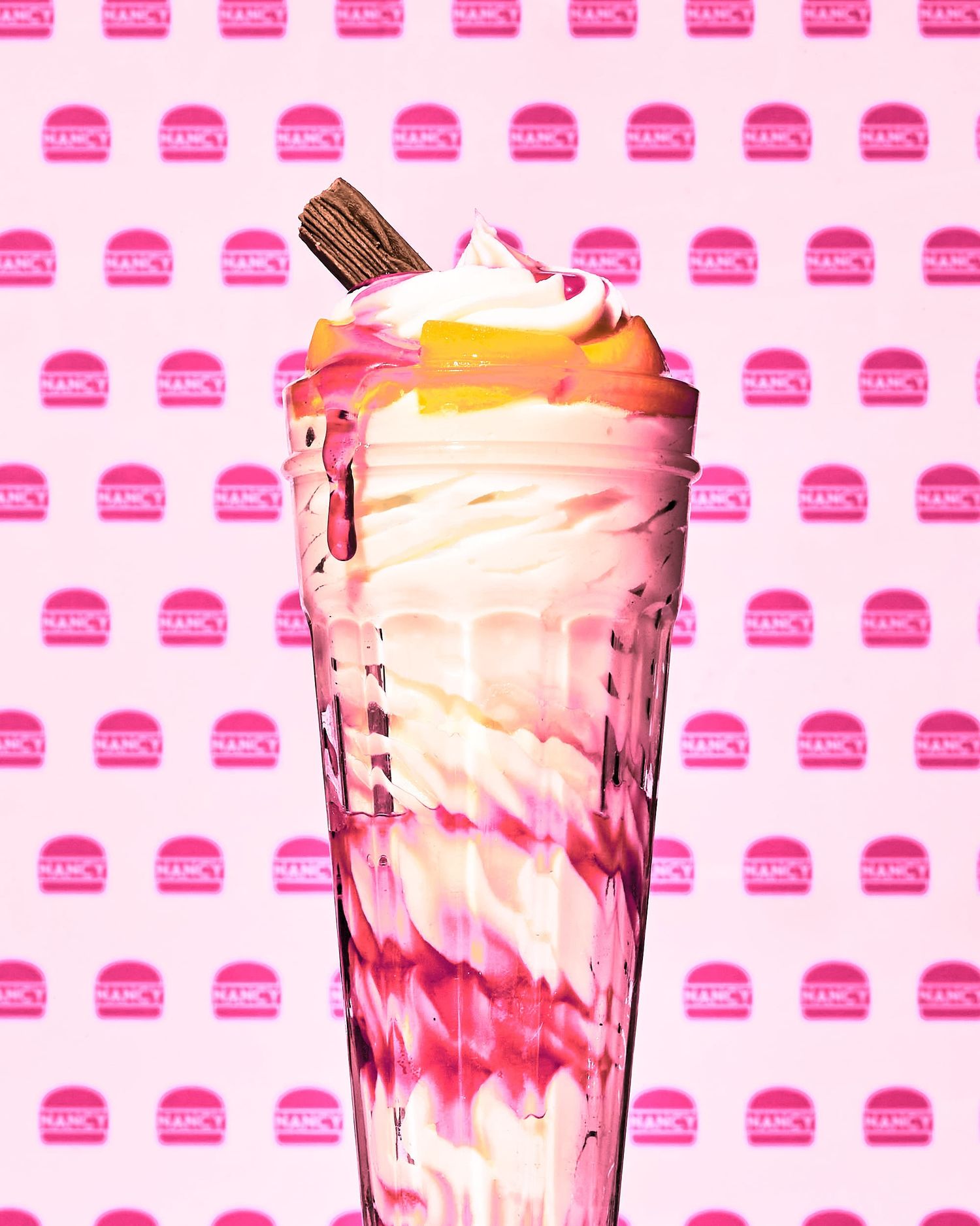 Knickerbocker glory ice cream sundae, chocolate flake - Wimpy creative pink burger shop photography - food photography project - Nancy Anne