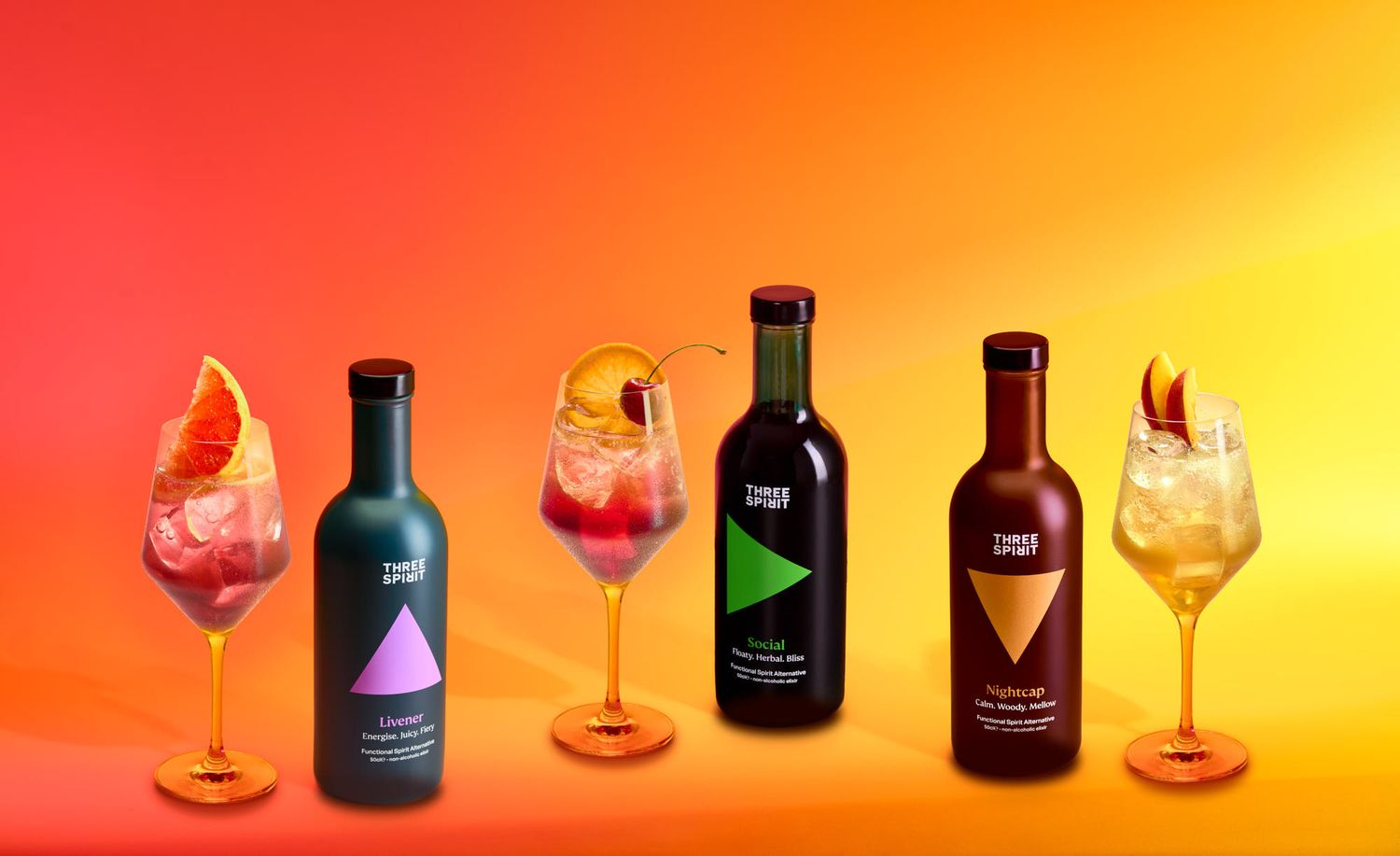 Non-alcoholic spirits bottles and cocktails - Three Spirit drink brand photography - commercial drink photography - Nancy Anne - London