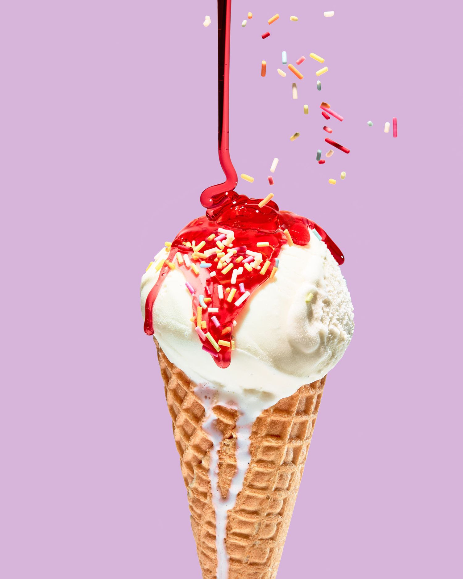 Ice cream cone sprinkles strawberry sauce - Lidl summer advertising photography - Nancy Anne - Commercial food and drink photographer