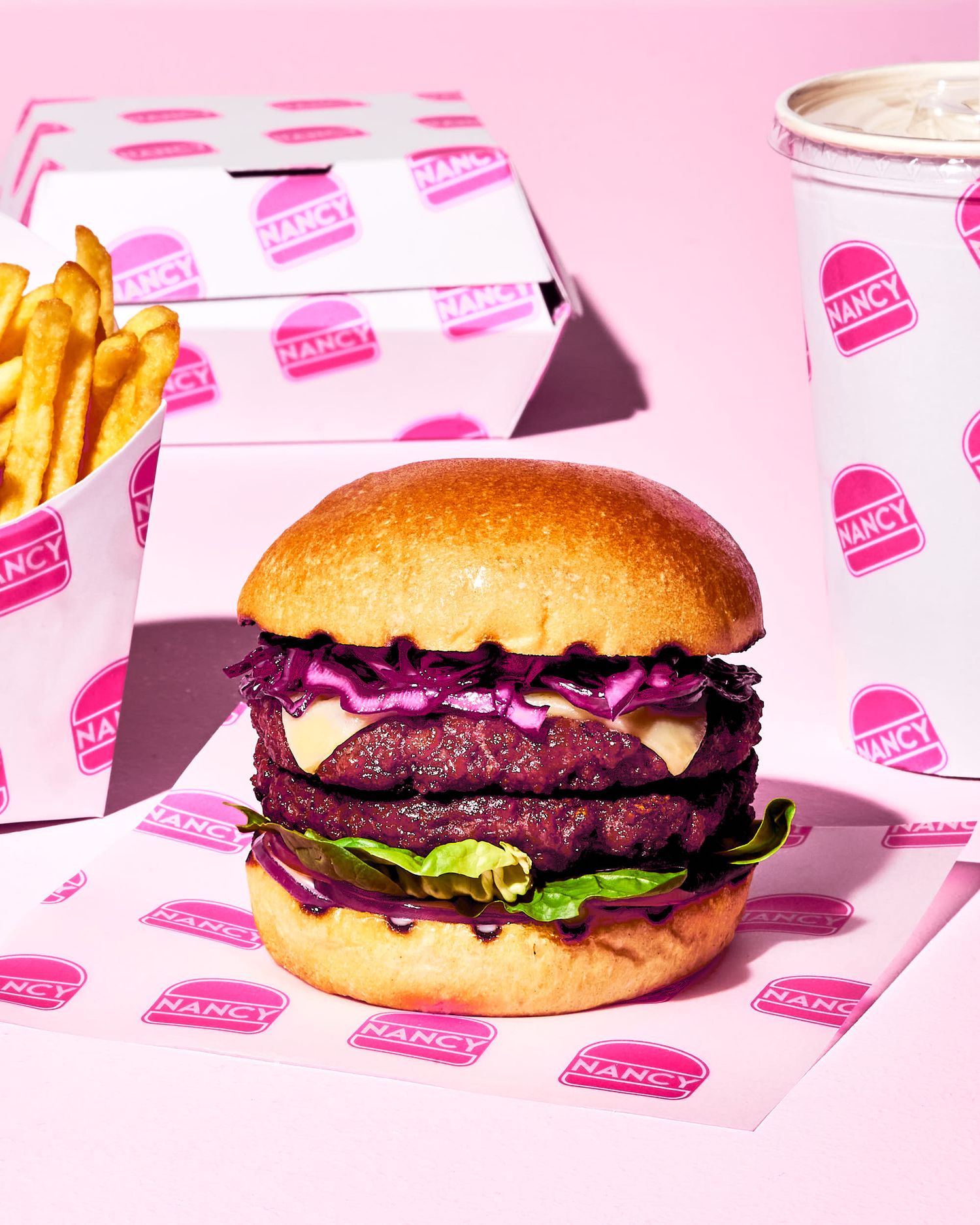 Takeaway burger, fries and milkshake - Wimpy creative pink burger shop photography - food photography - Nancy Anne